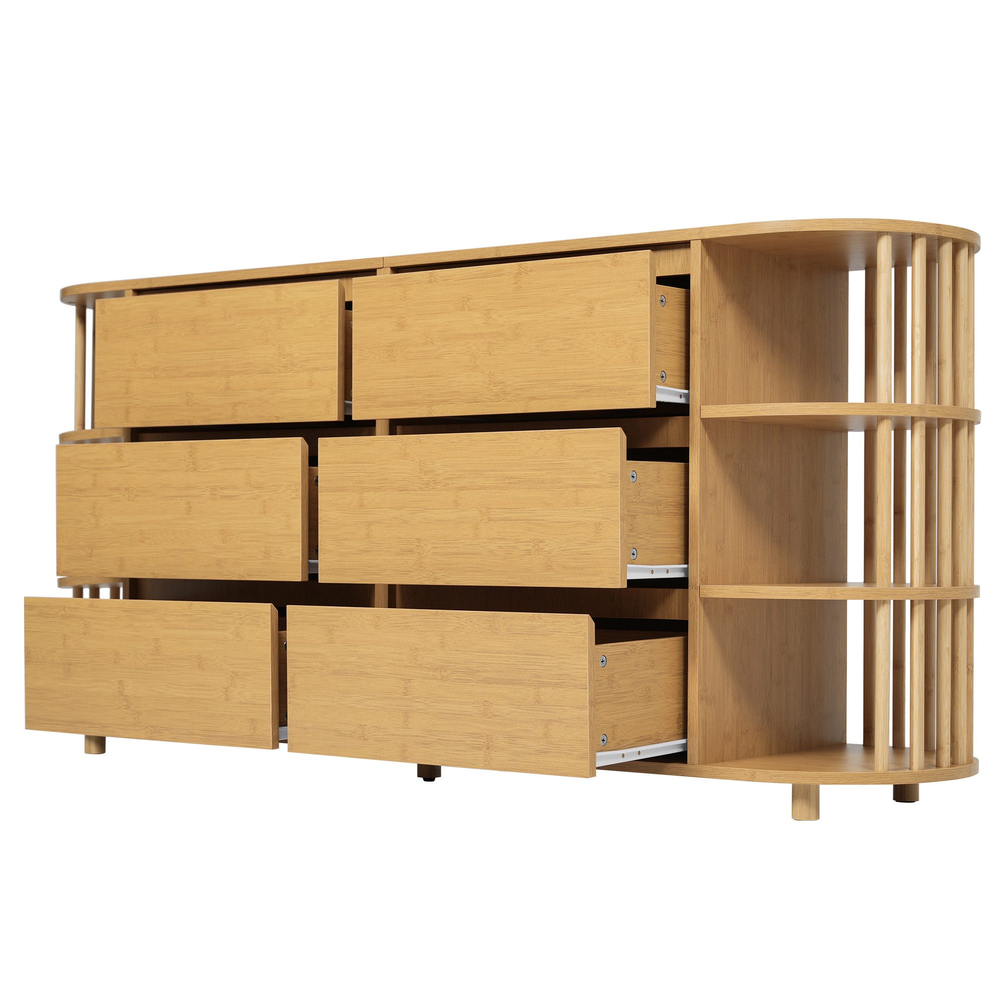 Flieks Kommode mit 6 Schubladen und offenen Regalen (Mit verstellbaren Fußpolstern, 1 St., H75/B160/T40 cm), oval Sideboard Mehrzweckschrank Holzschrank in Land – Bild 4 von 5