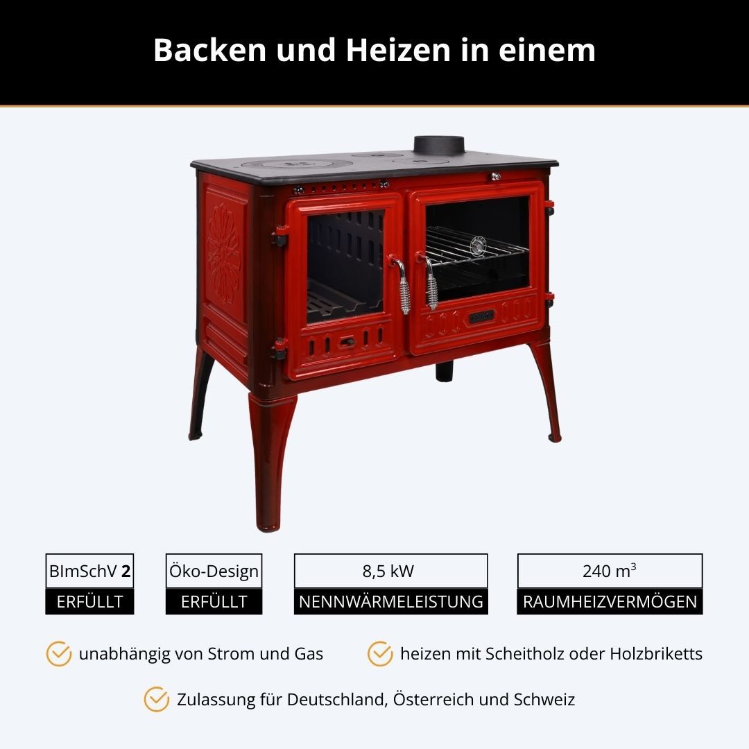 365 Kaminofen 365® Küchenherd Cook Lite rot emailliert 8,5 kW Gusseisen A+, 8,5 kW