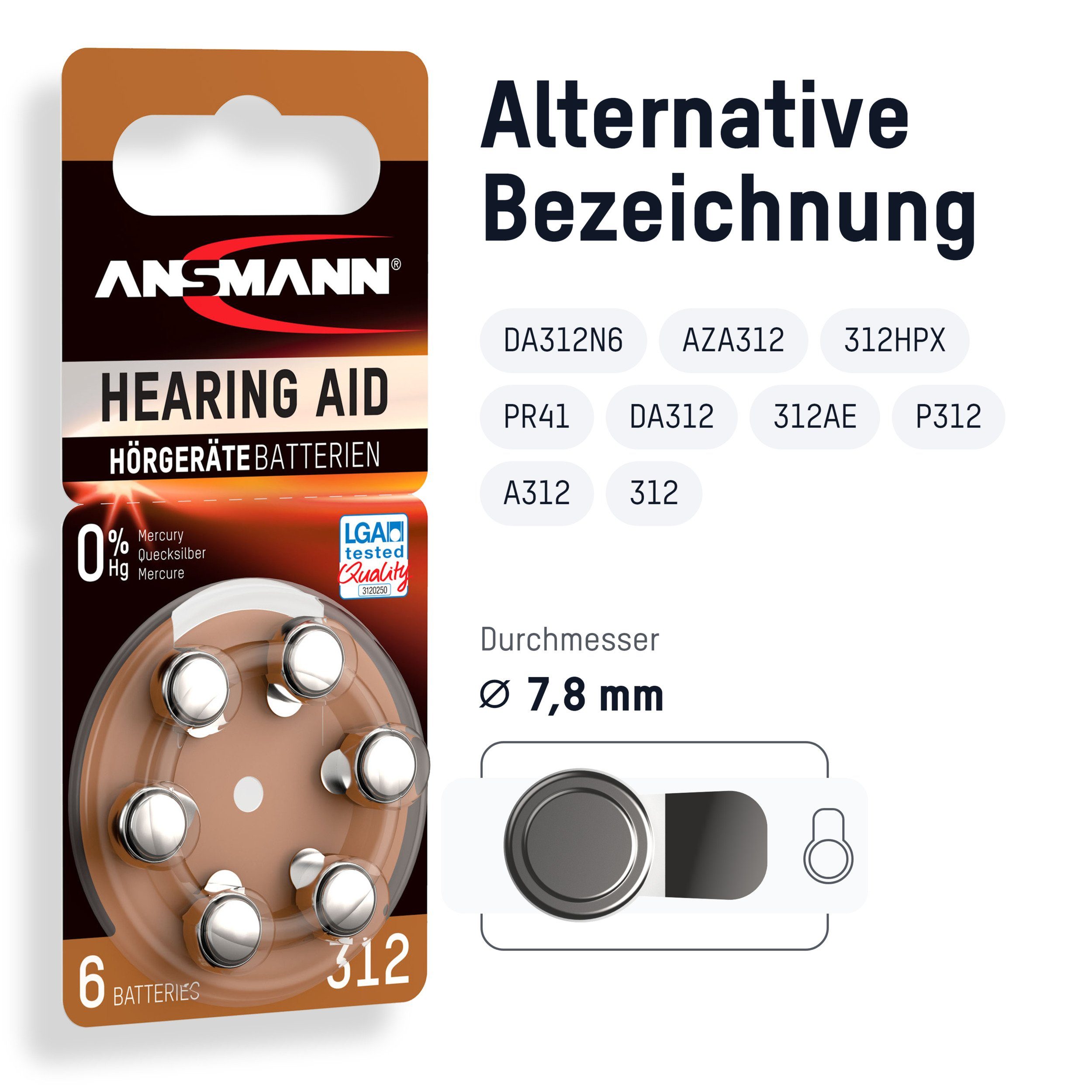 ANSMANN AG Hörgerätebatterien Typ 312 braun Zink Luft 1,4V, 60 Stück Knopfzelle