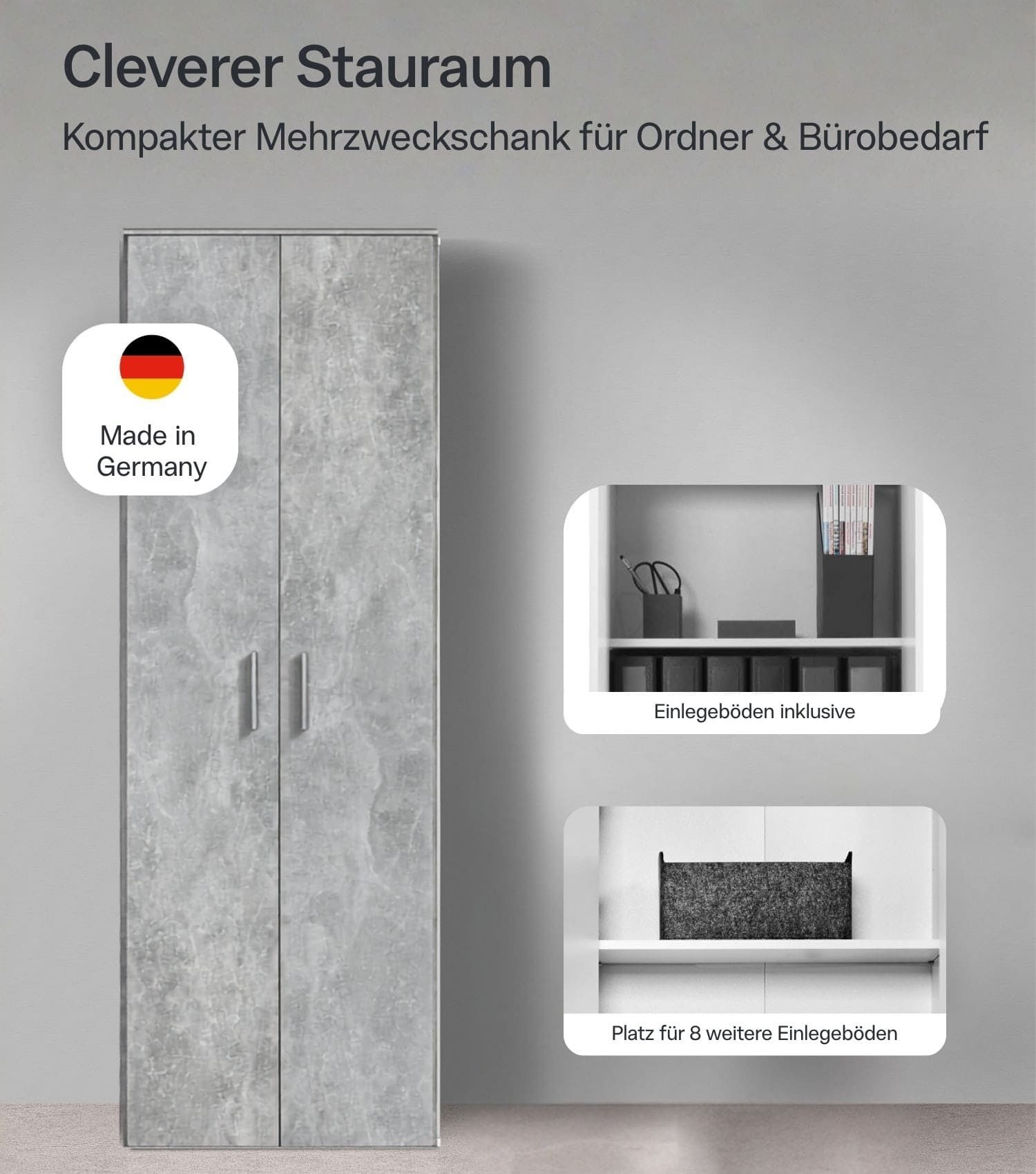 mokebo Mehrzweckschrank Der Lange (60x180 cm, mit 4 Einlegeböden) Made in Germany, Aktenschrank, Flurschrank, Schuhschrank in Grau