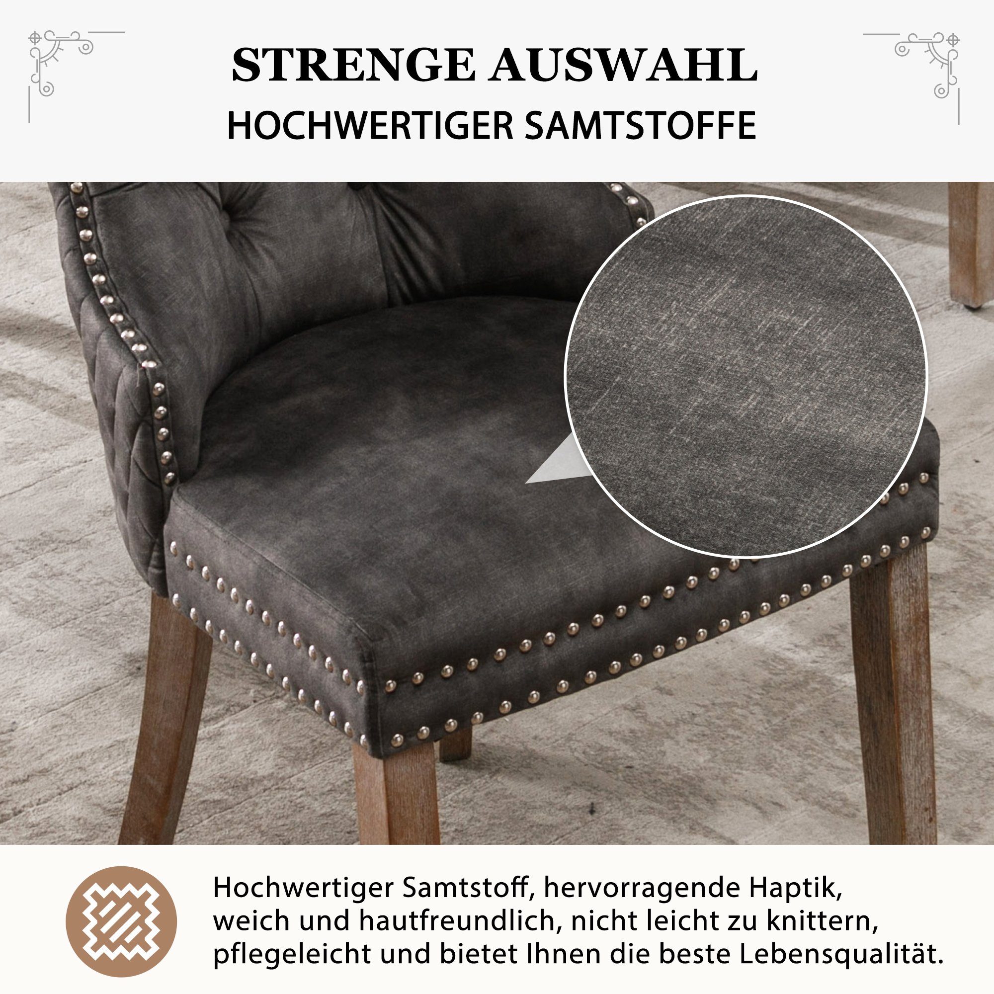 Esszimmerstuhl (Polsterstuhl, 6 St), Küchenstuhl Wohnzimmerstuhl Samt mit Knopfheftung, Massivholzbeine