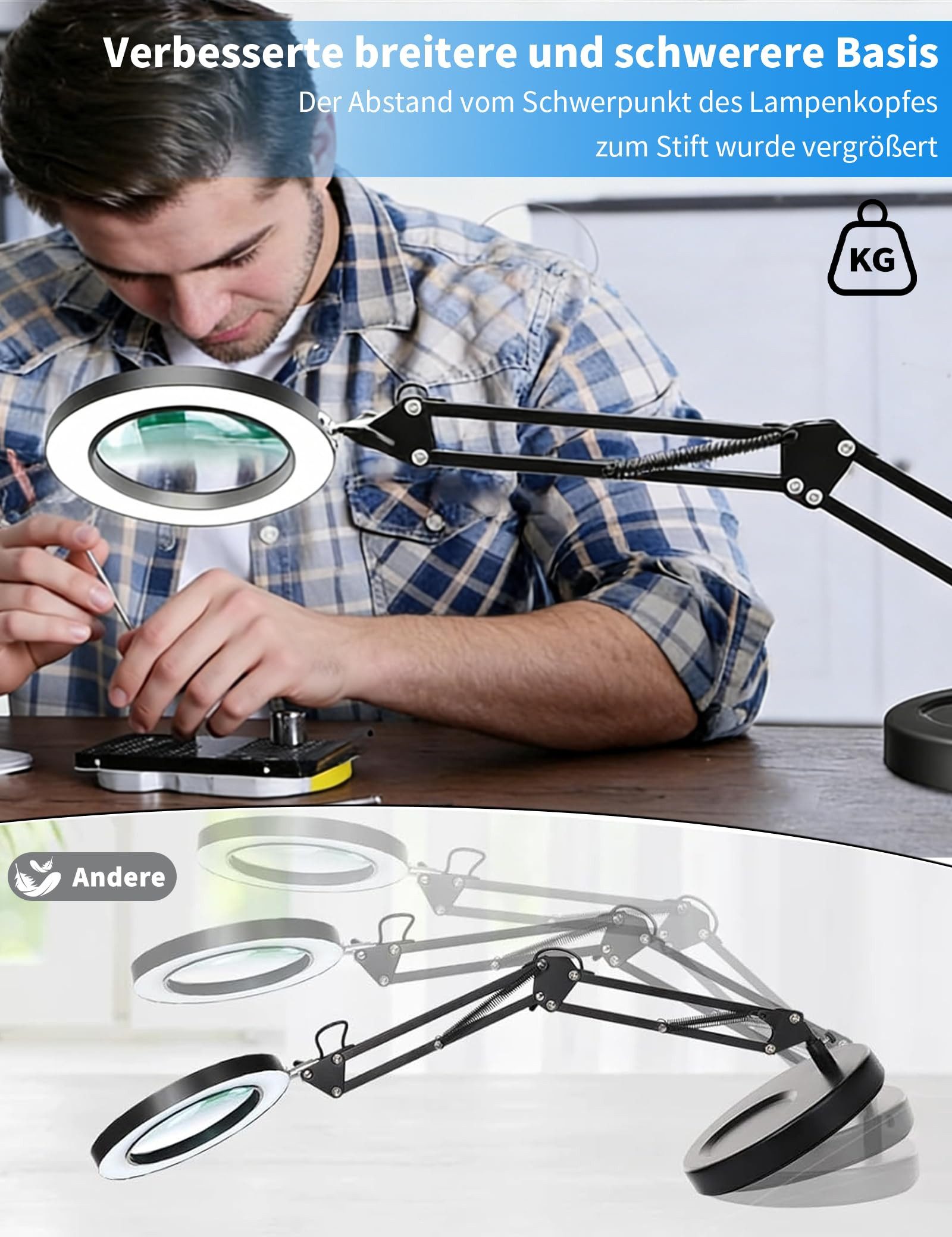 ibettertec Lupenlampe 10X Lupe mit Licht und Ständer 2-in-1 LED Lupenleuchte, mit Klemme, LED fest integriert, Weiß, Warmweiß, Kaltweiß, 3 Farbmodi & 10 Helligkeitsstufen, für Lesen, Nähen, Basteln, Senioren