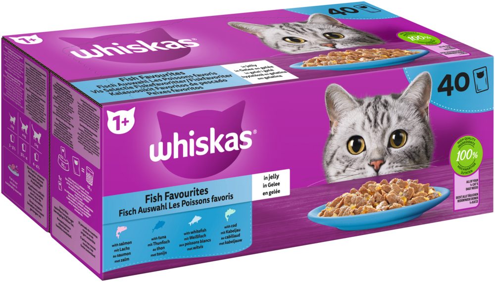 Whiskas WHISKAS® Portionsbeutel Multipack 1+ Fisch Auswahl in Gelee 40 x 85g, Nassfutter für: Katze