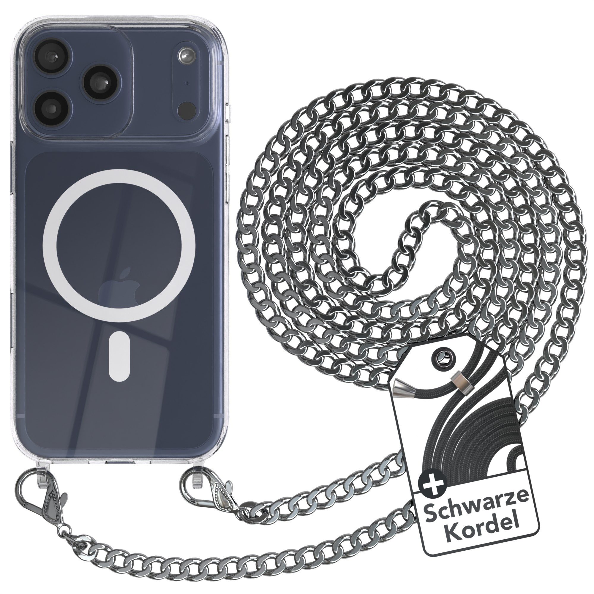 EAZY CASE Handykette Metallkette MagSafe Hülle für iPhone 17 Pro Max 6,9 Zoll, Hülle mit Band Silikon Handytasche durchsichtig Chain Slimcover Silber