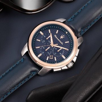 MASERATI Chronograph Maserati Herren Uhr Chronograph, Herrenuhr rund, groß (ca. 44mm) Lederarmband, Made-In Italy