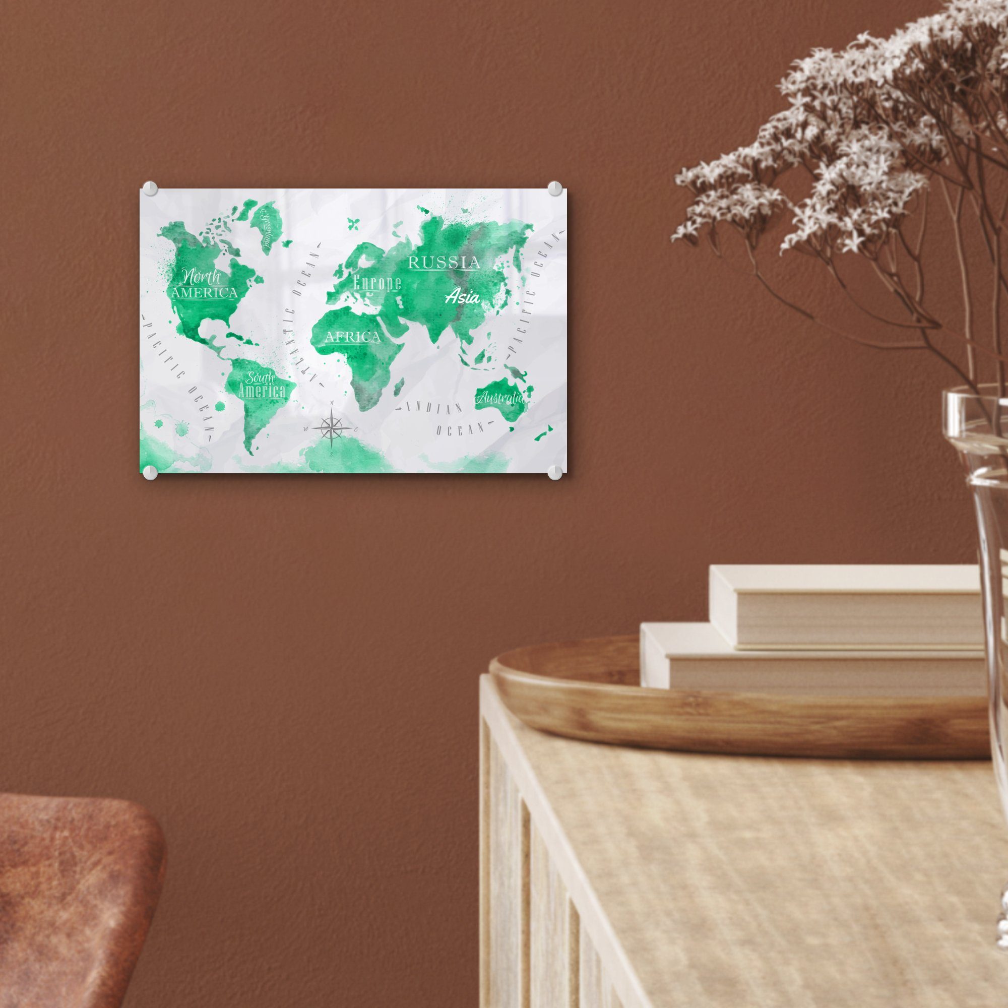 MuchoWow Acrylglasbild Weltkarte - Ölfarbe - Bilder (1 Wandbild - Grün, - Foto Glas St), Wanddekoration - auf Glas auf Glasbilder