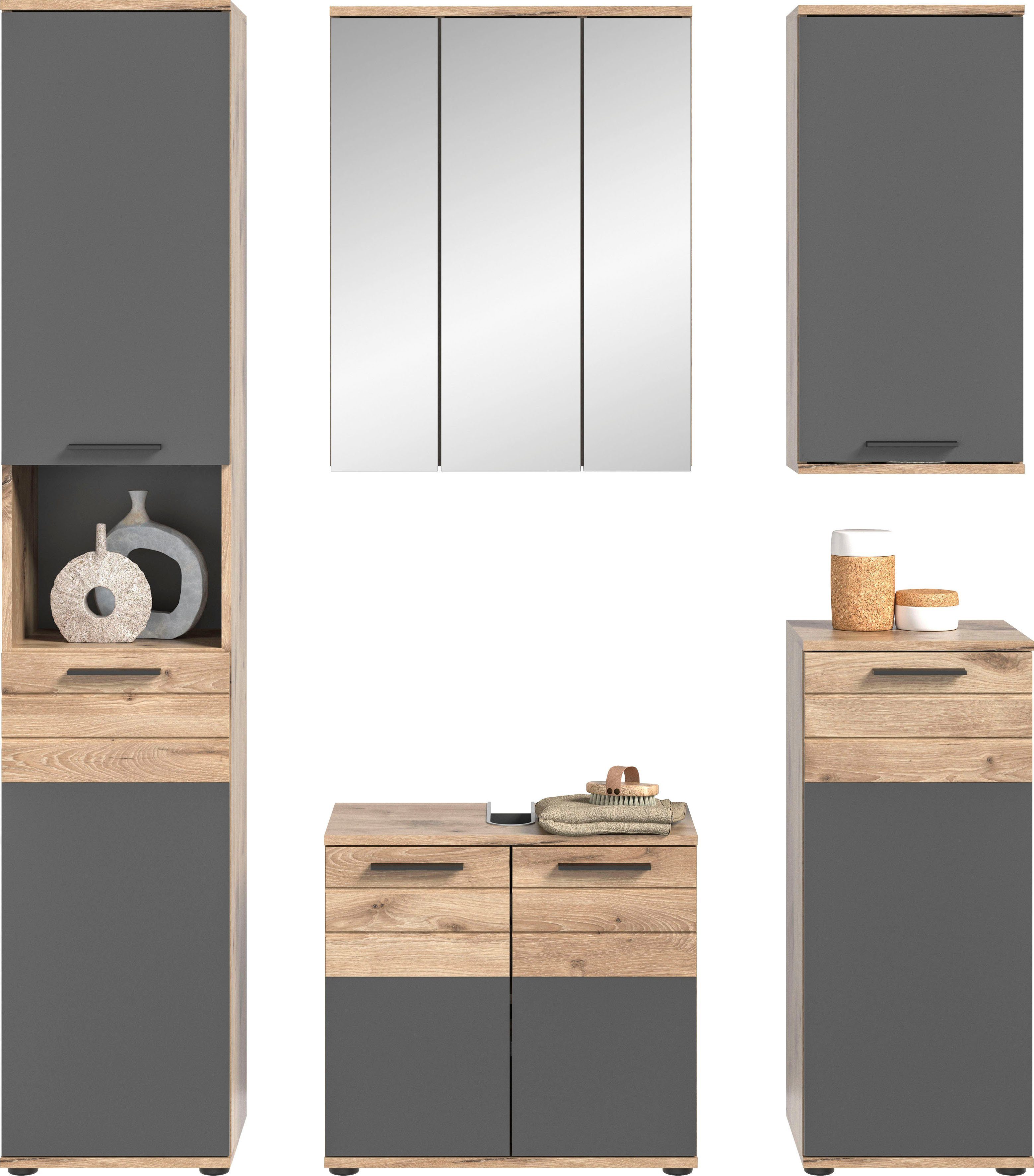 INOSIGN Badmöbel-Set Riga, 5 teilig, bestehend aus:, (Set, 5-St), Hochschrank, WBU, Spiegel, Unterschrank, Hängeschrank