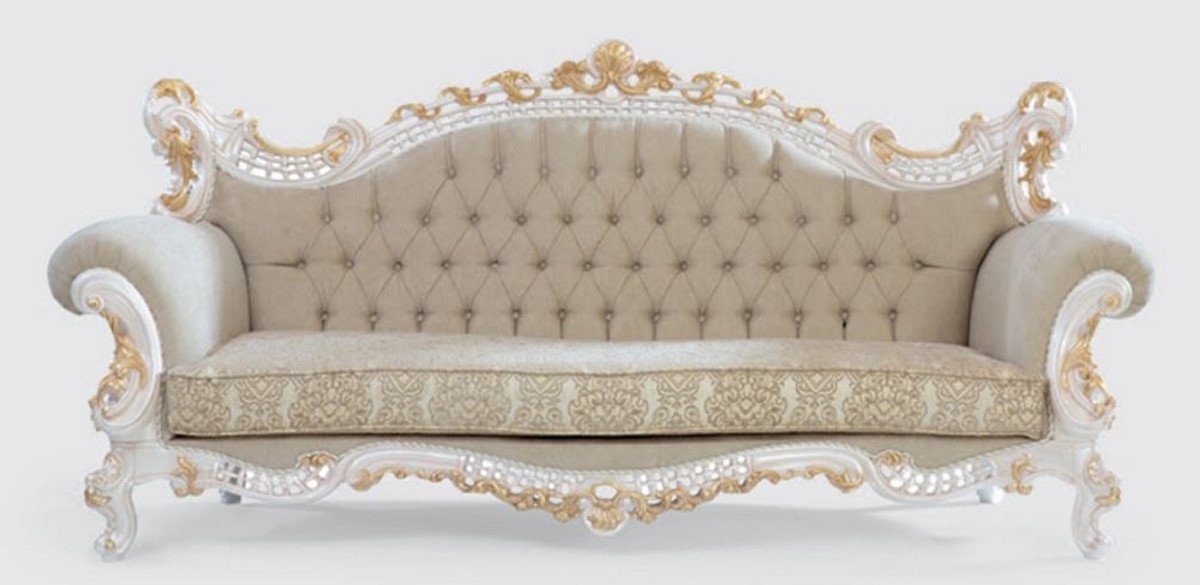 Casa Padrino Sofa Luxus Barock x Edel Greige 230 - H. elegantem / 130 & / Muster Wohnzimmer - Gold Sofa mit cm Wohnzimmer Weiß 95 Handgefertigtes Möbel Prunkvoll - Barock x Sofa