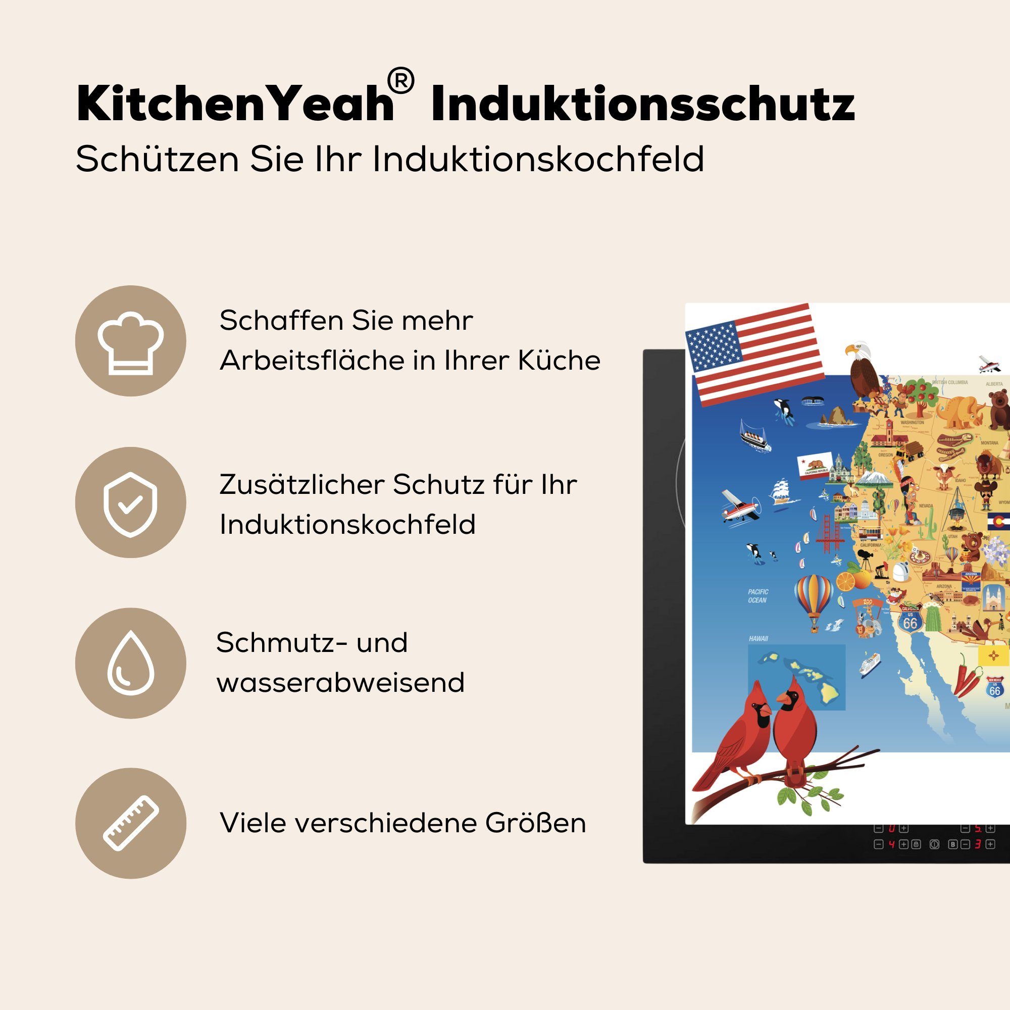 MuchoWow Herdblende-/Abdeckplatte Induktionskochfeld Vinyl, cm, die USA, der Ceranfeldabdeckung Schutz küche, 81x52 tlg), für Illustration (1 Eine Cartoon-Karte einer