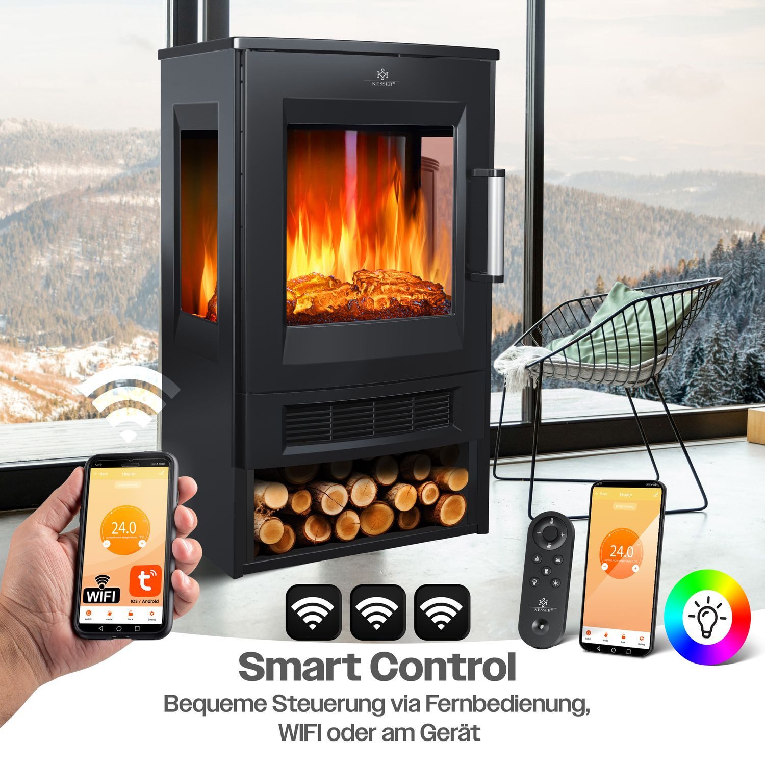 KESSER Elektrokamin, mit Heizung Panorama-Sichtfenster Heizlüfter 9 LED-Flammeneffekt