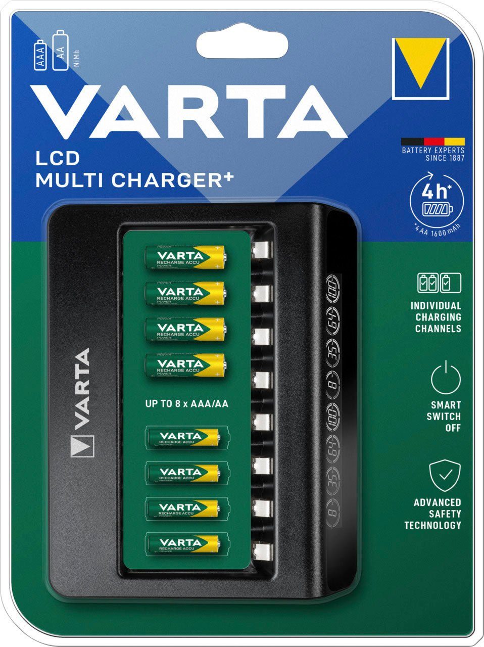 VARTA VARTA LCD Multi Charger+ für 8 AA/AAA Akkus mit Einzelschachtladun  Akku-Ladestation, Lieferumfang: VARTA LCD Multi Charger+ mit Netzteil