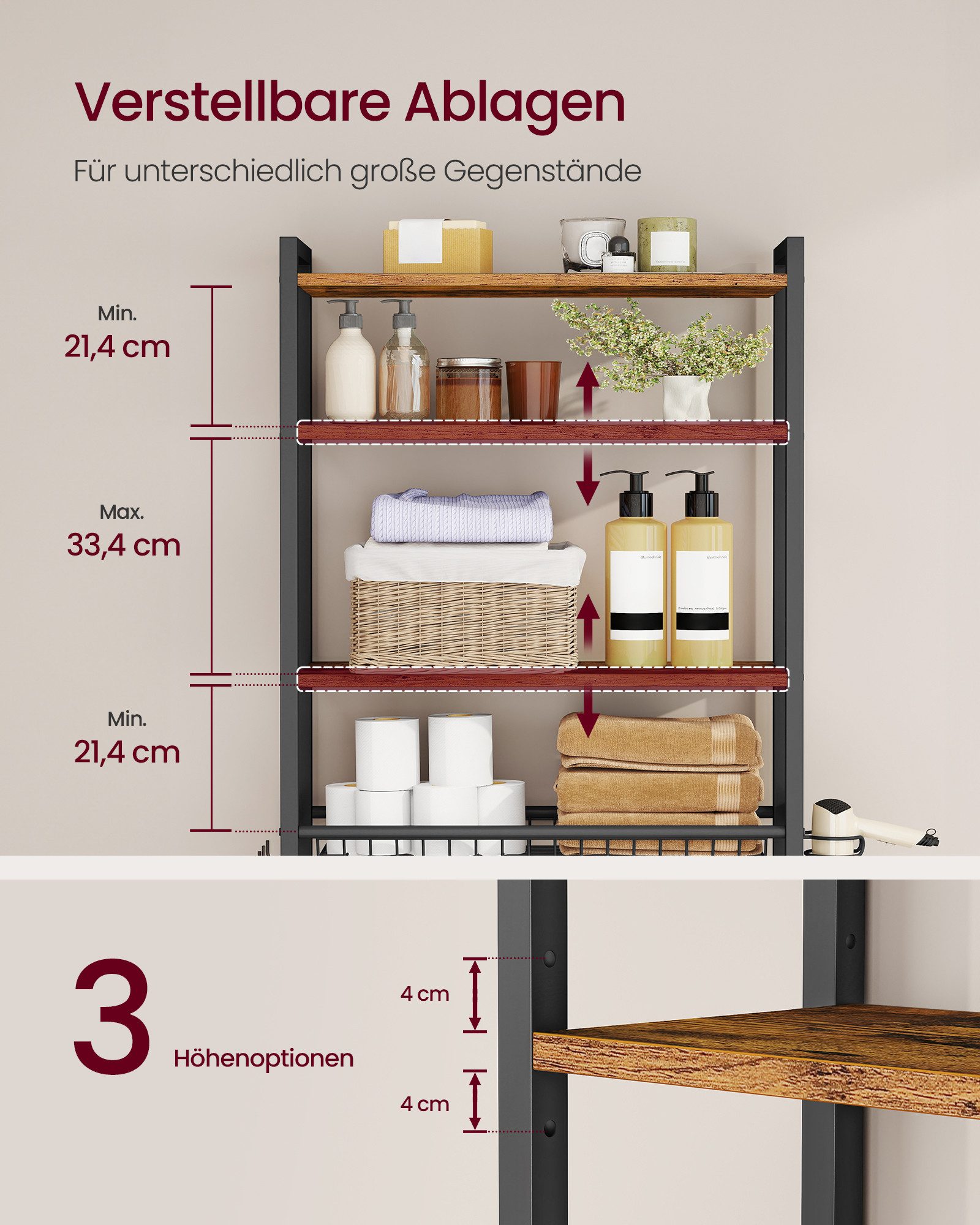 VASAGLE Badregal Badezimmerregal mit verstellbaren Ablagen und Gitterkorb, platzsparend, Toilettenregal, WC-Regal mit Föhnhalter, 3 Haken, 24 x 60 x 173 cm – Bild 4 von 5