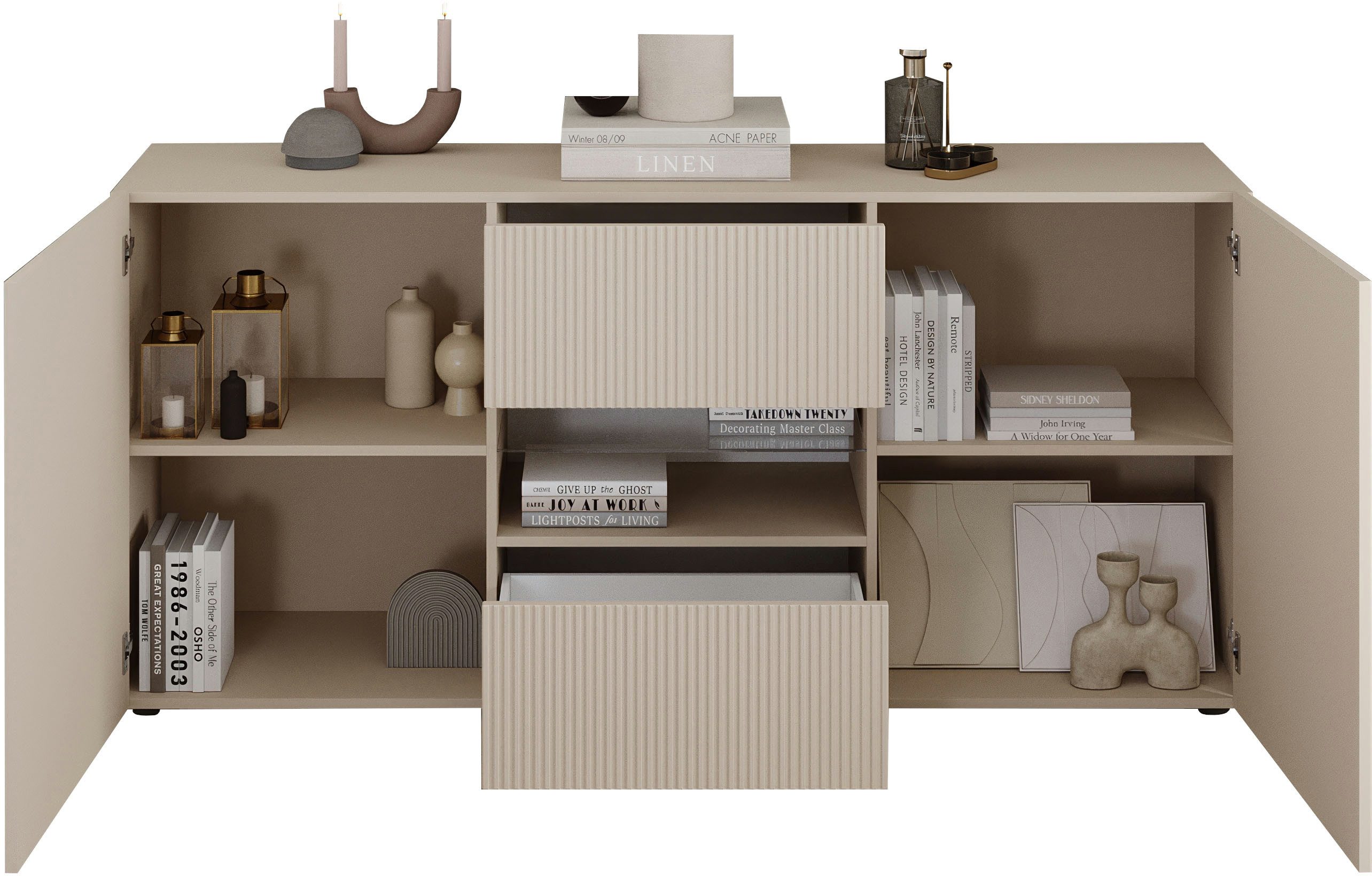 Home affaire Sideboard Rio Breite 181 cm, Kommode mit 2 Türen u. 2 Schubkästen, geriffelte MDF-Fronten, modern u. elegant, viel Stauraum