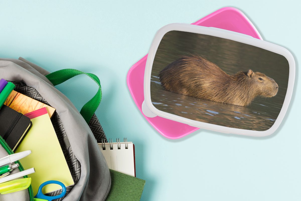 MuchoWow Lunchbox Capybara Brotdose für Kinder, Kunststoff (2-tlg), Brotbox Ein steht Mädchen, Kunststoff, Erwachsene, rosa im Snackbox, Wasser