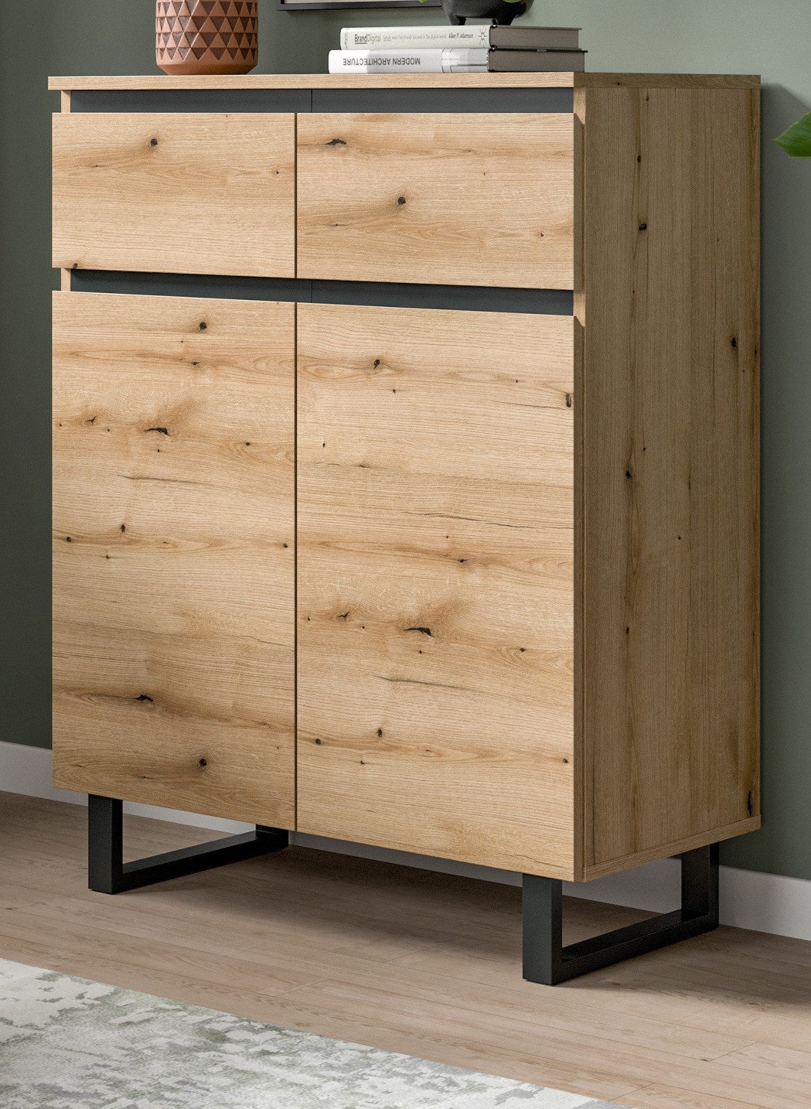 Inn.Furn Hochkommode Gelia (Kommode in Evoke Eiche mit Schwarz, 80 x 99 cm), mit Vollauszug und Soft-Close