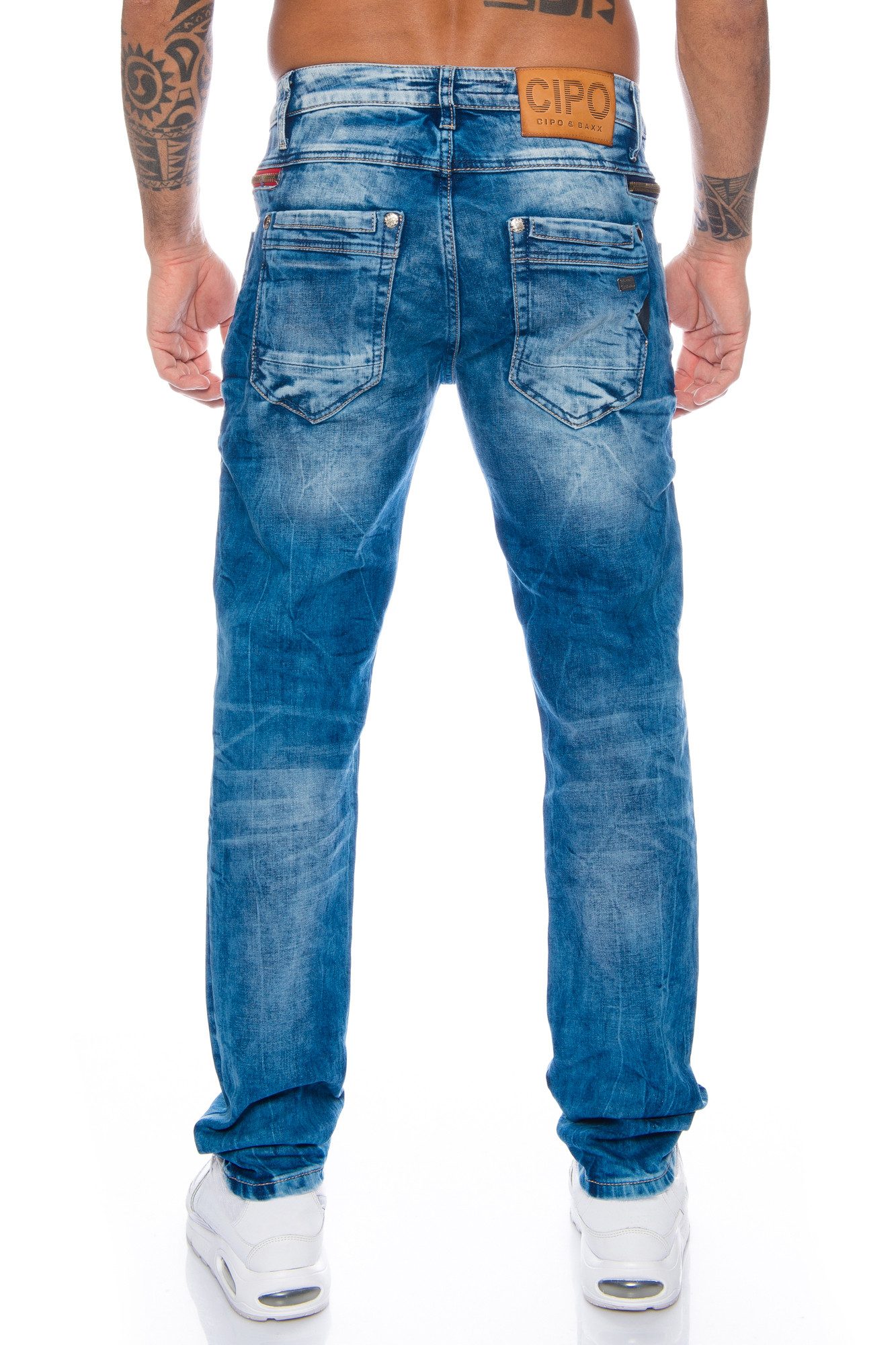 Cipo & Baxx Slim-fit-Jeans Herren Jeans hose mit modischem Design und Stretch Freizeithose mit farbigem Stoff an den Münztaschen – Bild 3 von 5