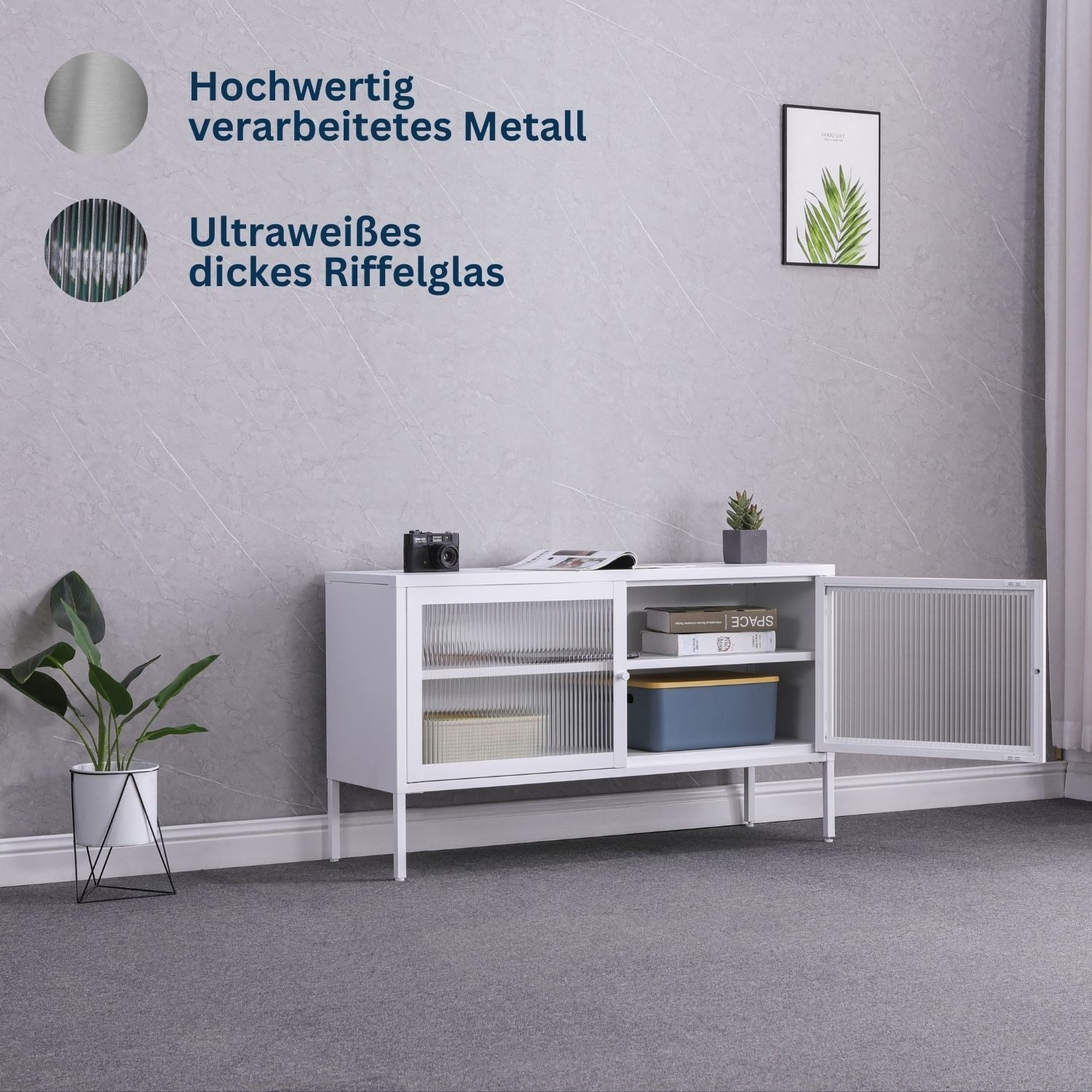 Coemo Sideboard TOKIO, Weiß Kommode Metall 2 Glastüren Einlegeboden - langlebig & elegant