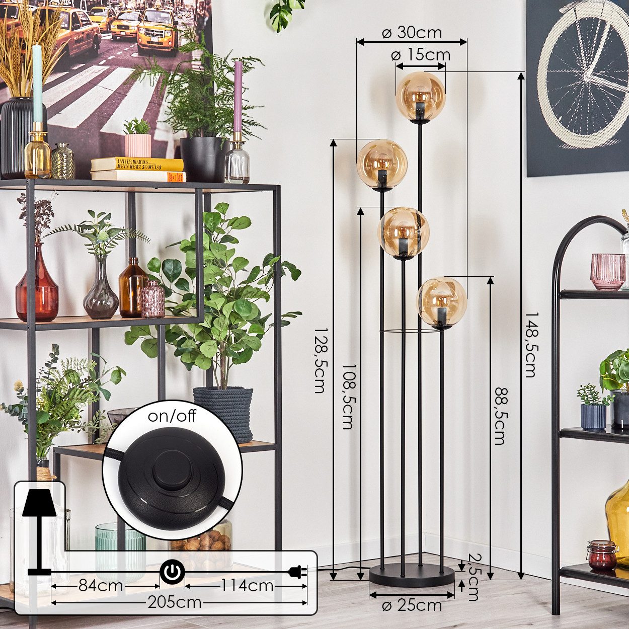 hofstein Stehlampe Stehlampe aus Metall/Glas in Schwarz/Bernsteinfarben mit Fußschalter, ohne Leuchtmittel, Stehleuchte im Retro/Vintage-Design mit Glasschirmen (15 cm), E14