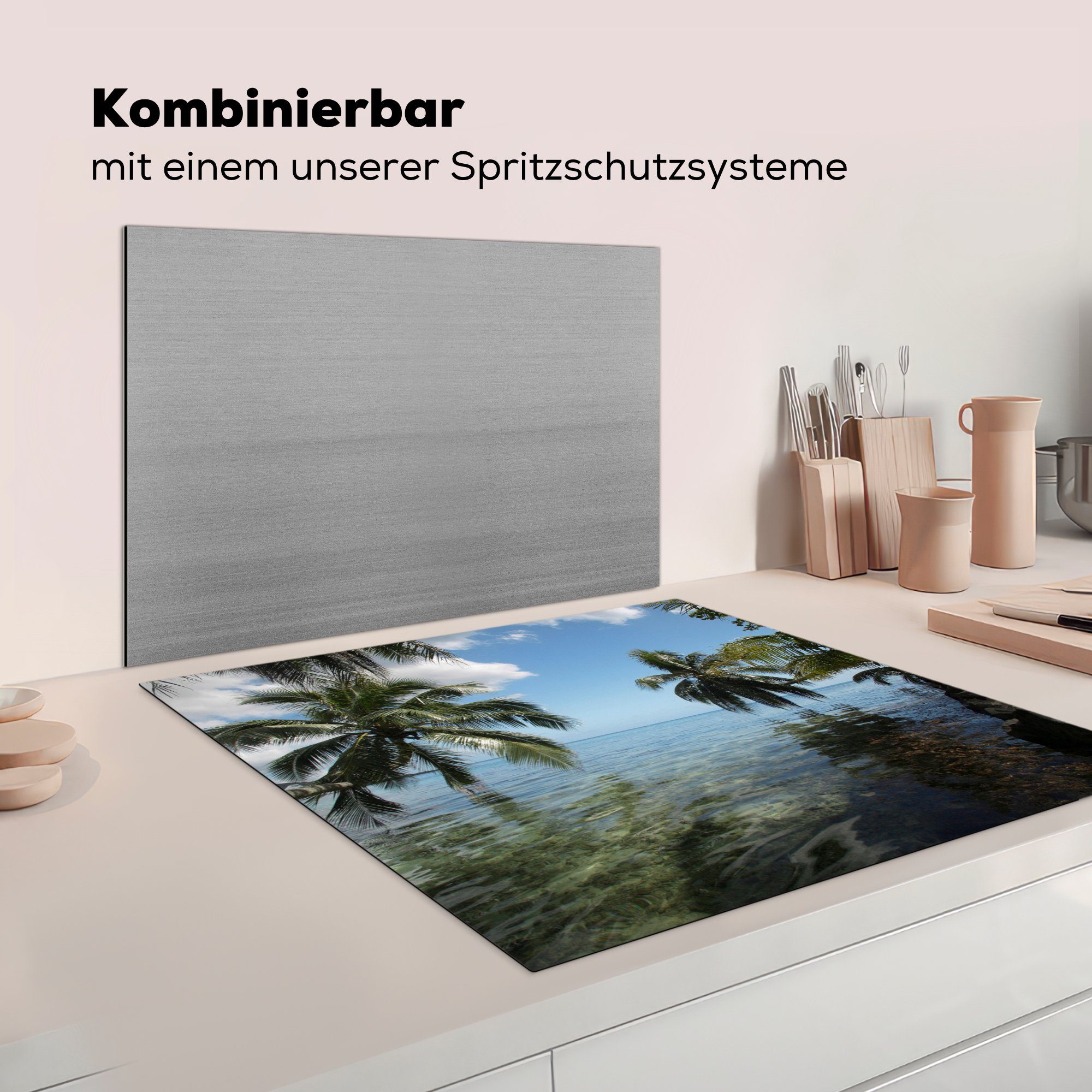 von Palmen Ceranfeldabdeckung, Mo'orea, für MuchoWow Spiegelung der küche Meer cm, Vinyl, (1 tlg), Herdblende-/Abdeckplatte 78x78 Arbeitsplatte im