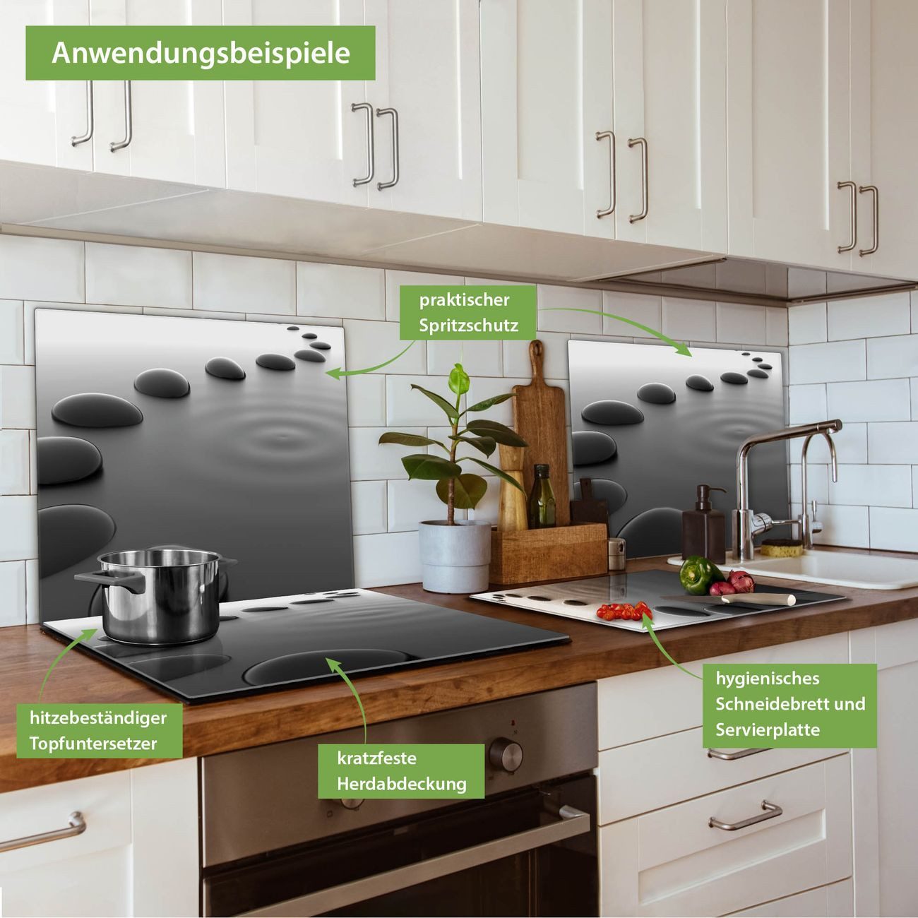 banjado Herd-Abdeckplatte einteilig aus Glas mit Motiv Schwarze Steine, (gehärtet, 1 tlg., inkl. selbstklebende Gummifüßchen)