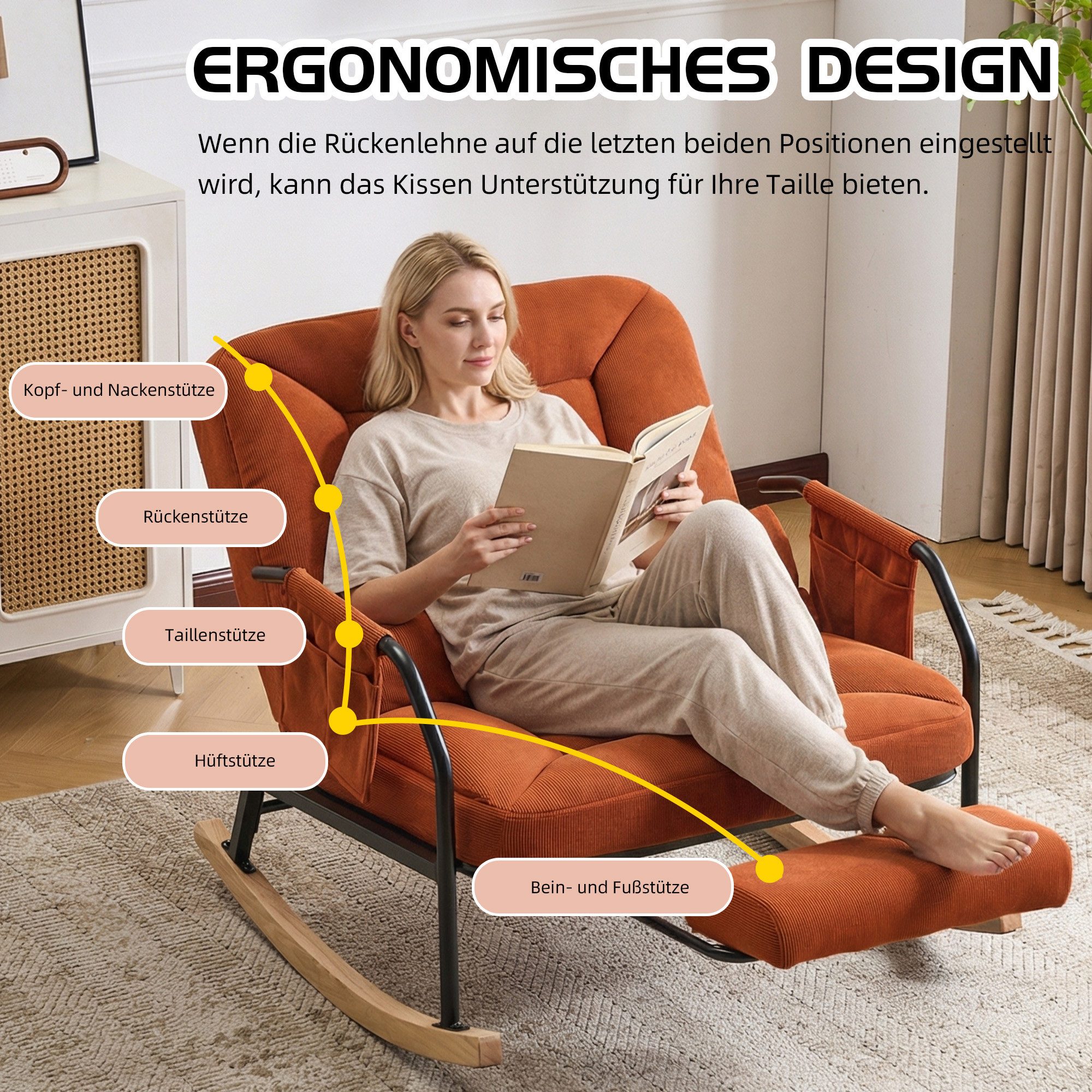 Leawin Schaukelstuhl Leawin großer Schaukelstuhl mit Liegefunktion & Fußstütze, Verstellbarer Relax-Schaukelstuhl mit breitem Sitz & Kissen