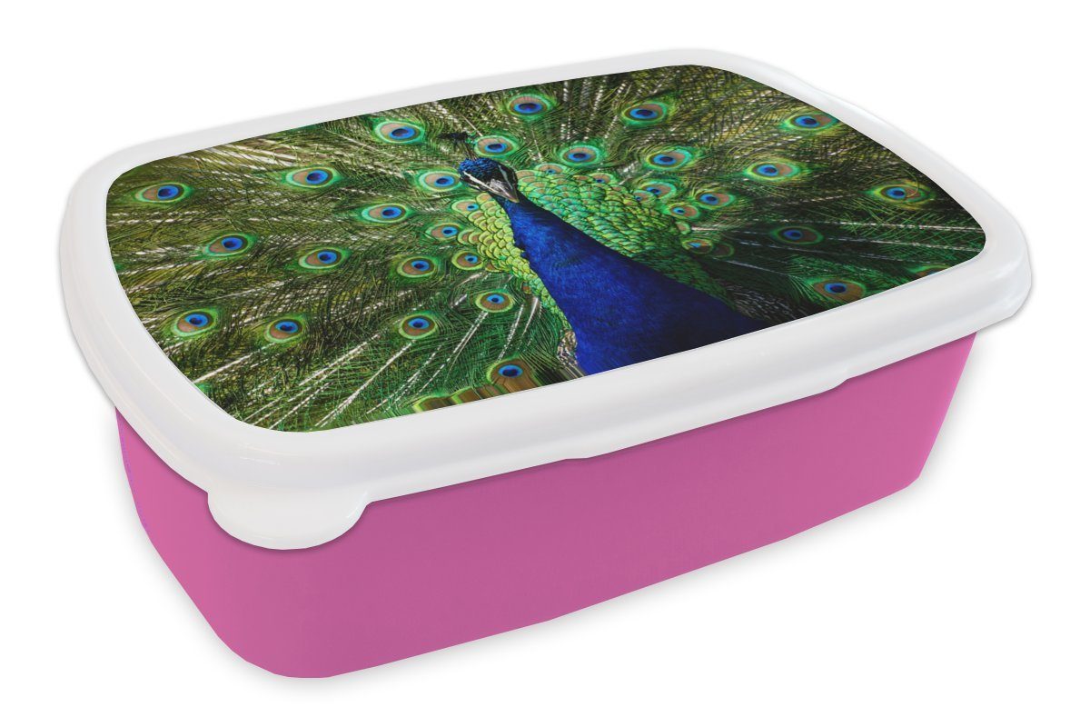 MuchoWow Lunchbox Pfau - Federn - Augen, Kunststoff, (2-tlg), Brotbox für Erwachsene, Brotdose Kinder, Snackbox, Mädchen, Kunststoff rosa