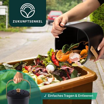 ZUKUNFTSENKEL Biomülleimer 4L Schwarz Set mit 2 Extra Filtern und Umweltfreundlichen Mülltüten, Spar-Set