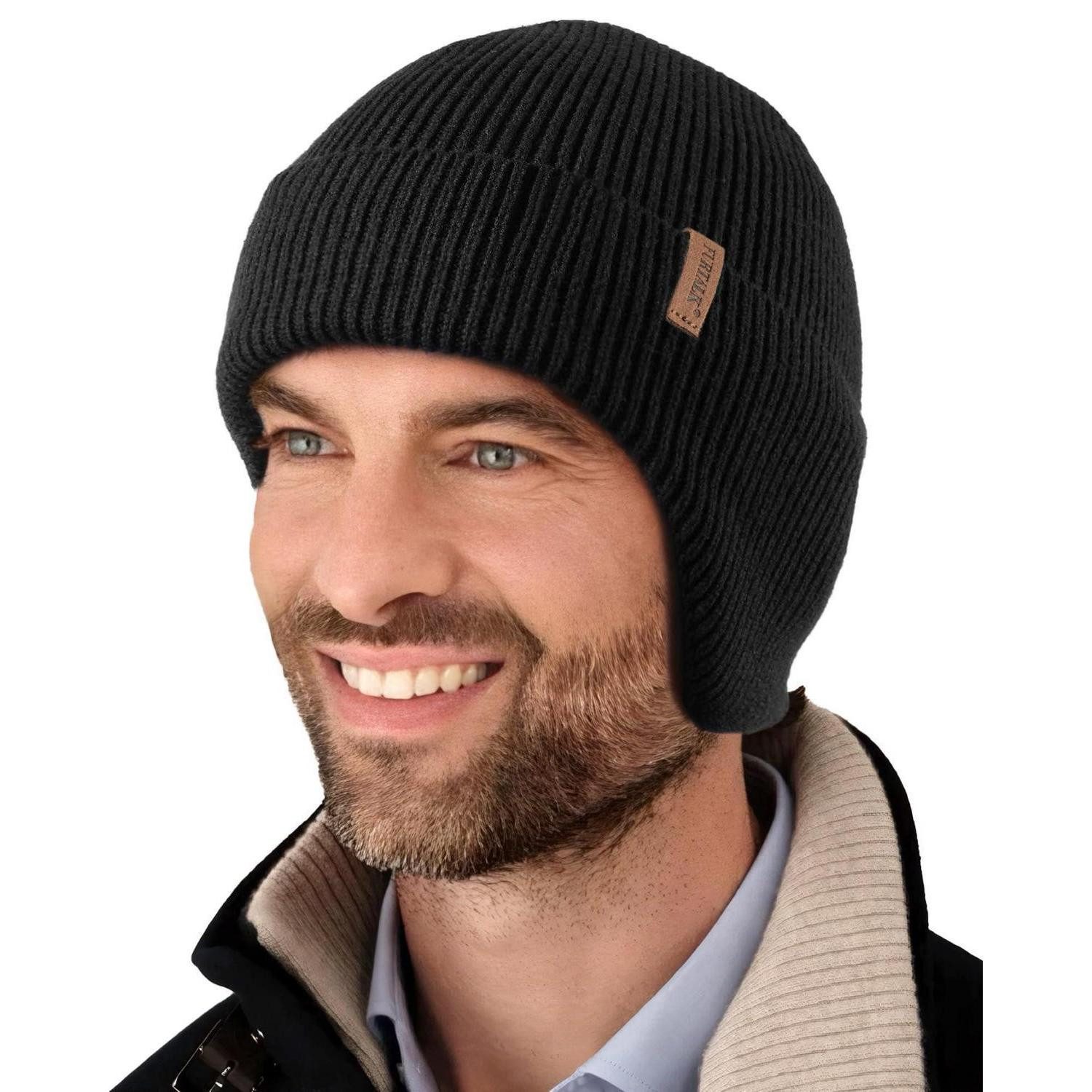 LuxusKollektion Beanie Strickmütze mit Ohrenklappen Schwarz (1-St)