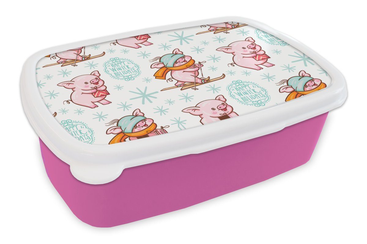 MuchoWow Lunchbox Winter - Schweine - Schnee - Muster - Skifahren, Kunststoff, (2-tlg), Brotbox für Erwachsene, Brotdose Kinder, Snackbox, Mädchen, Kunststoff rosa