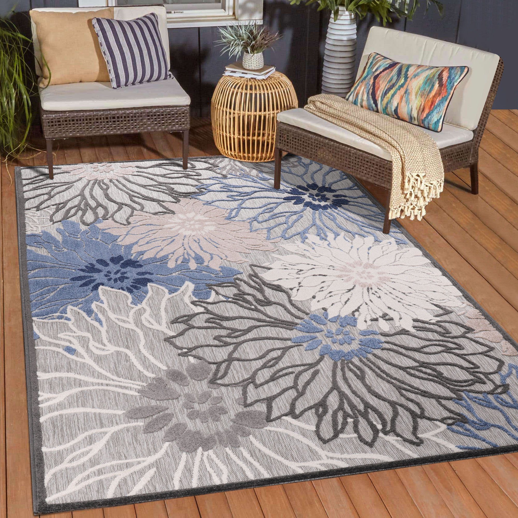 Teppich Floral 2 Outdoor, Sanat, rechteckig, Höhe: 6 mm, In- und Outdoor geeignet, Blumen, Balkon, Terrasse, Außenbereich grau/beige | Kurzflor-Teppiche