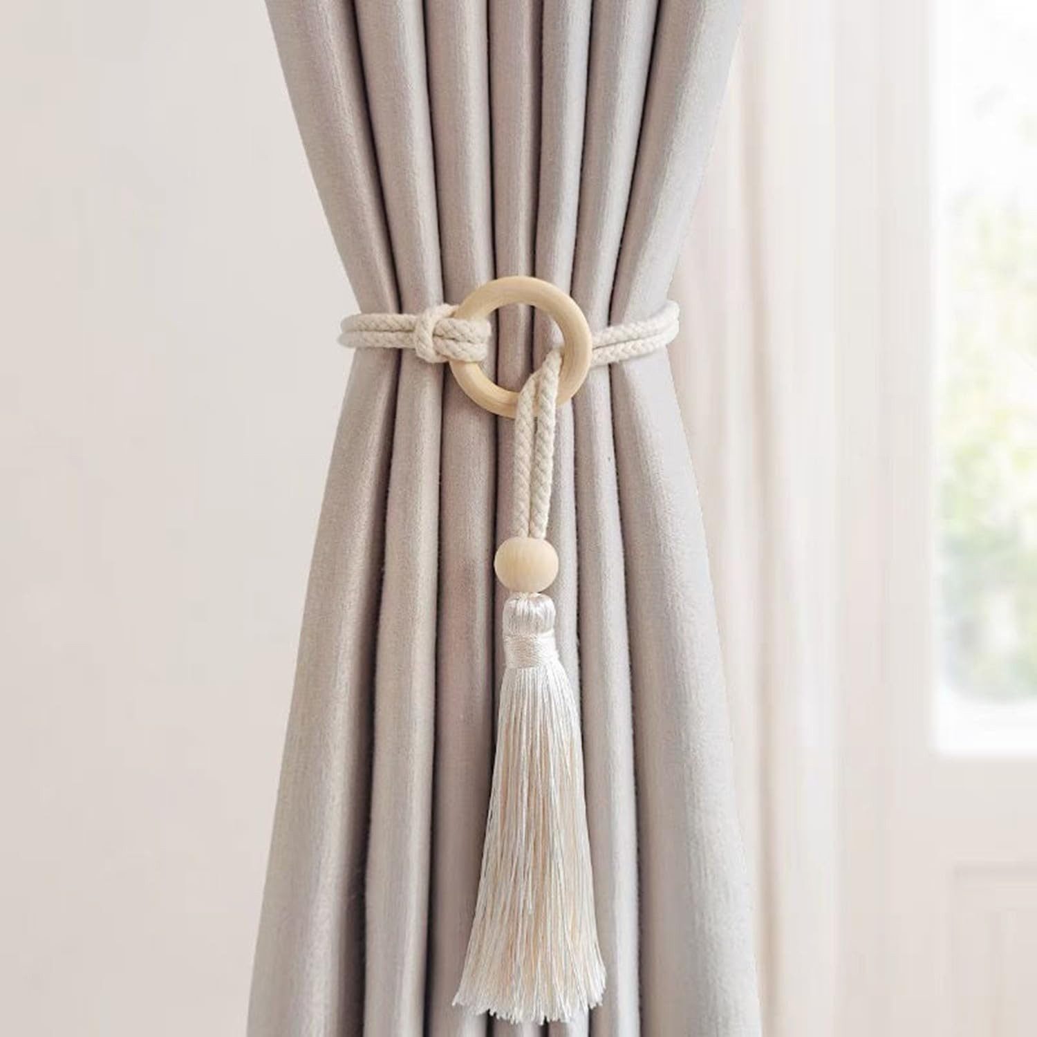 FOUORTUNATE-BEE Dekoklammer für Raffhalter 2er Vorhanghalter Baumwollseil Quasten Gardinen Raffhalter Deko, (2-tlg), Gardinenhalter Boho Wohnzimmer Schlafzimmer – Bild 4 von 5