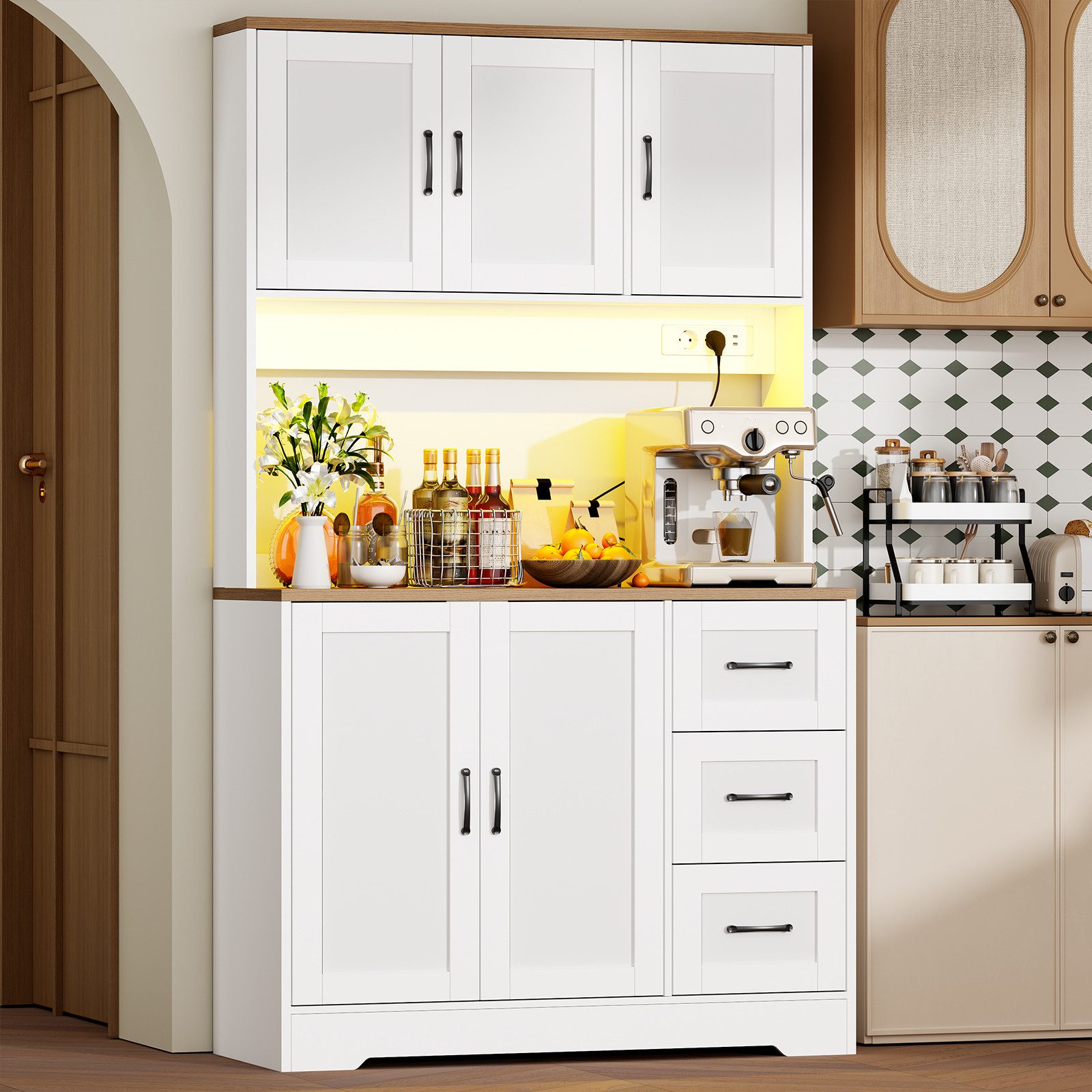 BEWISHOME Sideboard hoher Küchenschrank mit Arbeitsplatte und Ladestation, Weiß (1 St), Étagère amovible