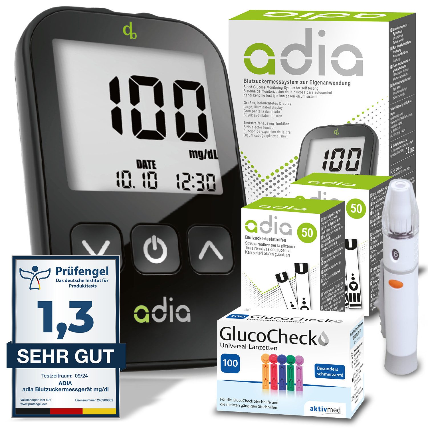 ADIA Blutzuckermessgerät adia Blutzuckermessgerät Set + 110 Teststreifen + 110 Lanzetten mg/dl