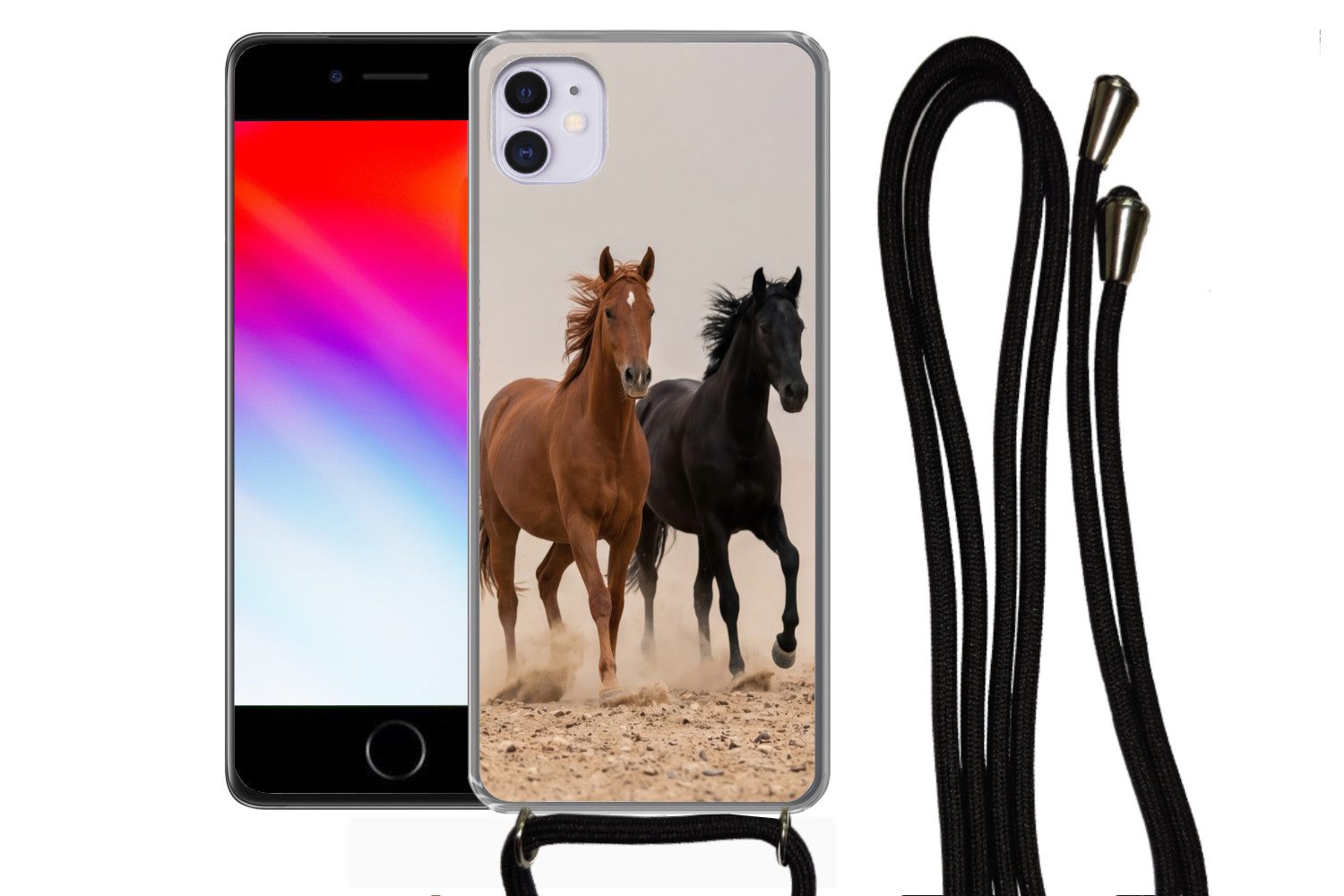 MuchoWow Handyhülle für Apple iPhone 12 Mini Pferdeherde - Staubwolke - Braun - Schwarz, Tragbare Handyhüllen mit Kette zum umhängen, Handykette Handyband