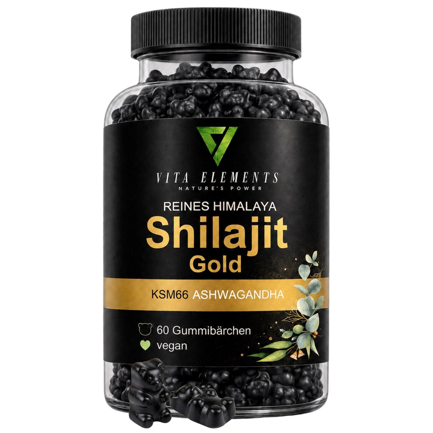 Vita Elements Himalaya Shilajit Gold Gummies - Mit Ashwagandha, Ingwer & Ginseng, 60 Gummibärchen, 1 er Packung à 60 St., Vegan, Gentechnikfrei, Ohne unnötige Zusätze und Laborgeprüft