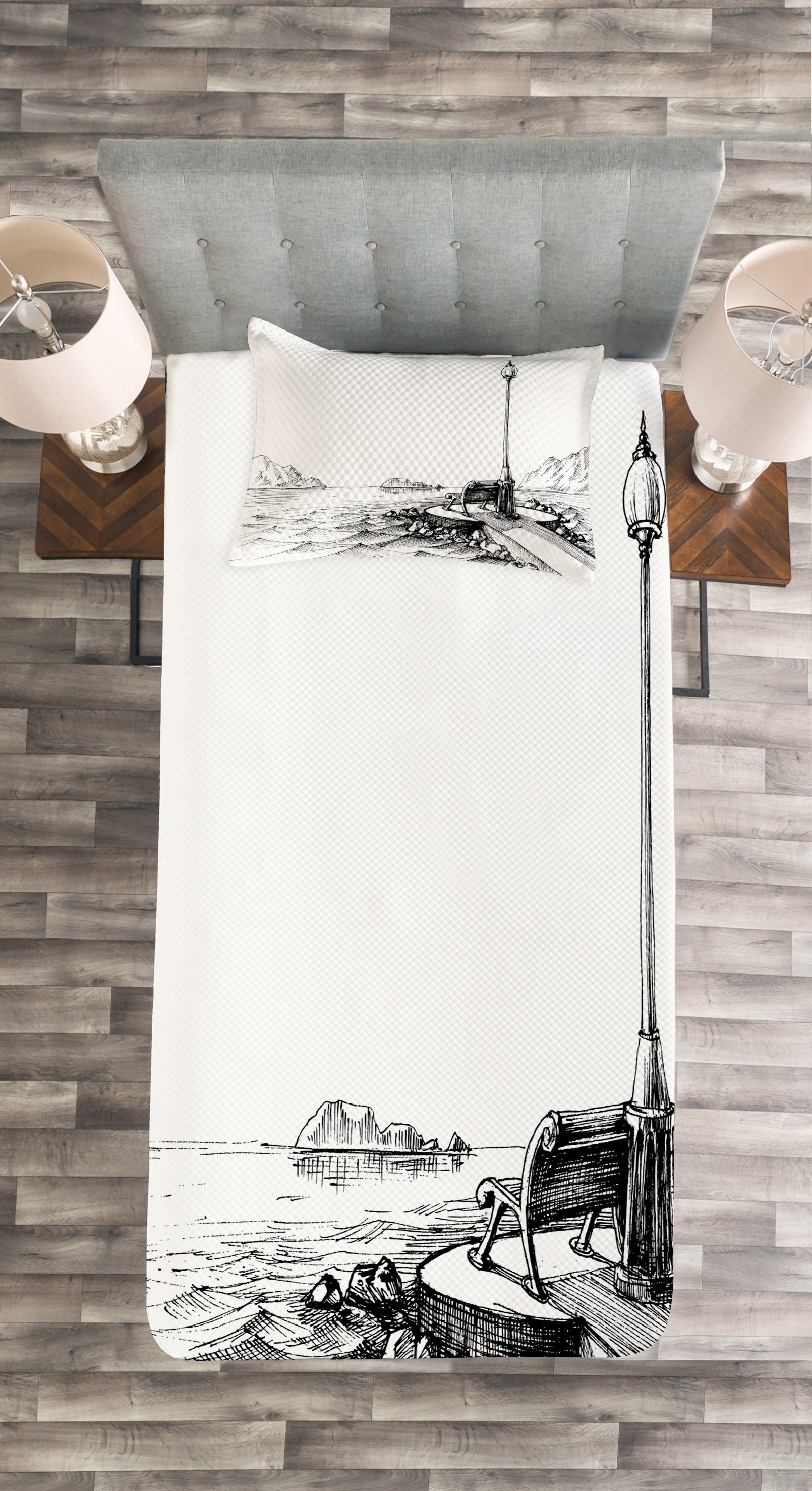 Tagesdecke Bench Abakuhaus, Skizzieren Set Laterne Ozean Waschbar, mit Kissenbezügen