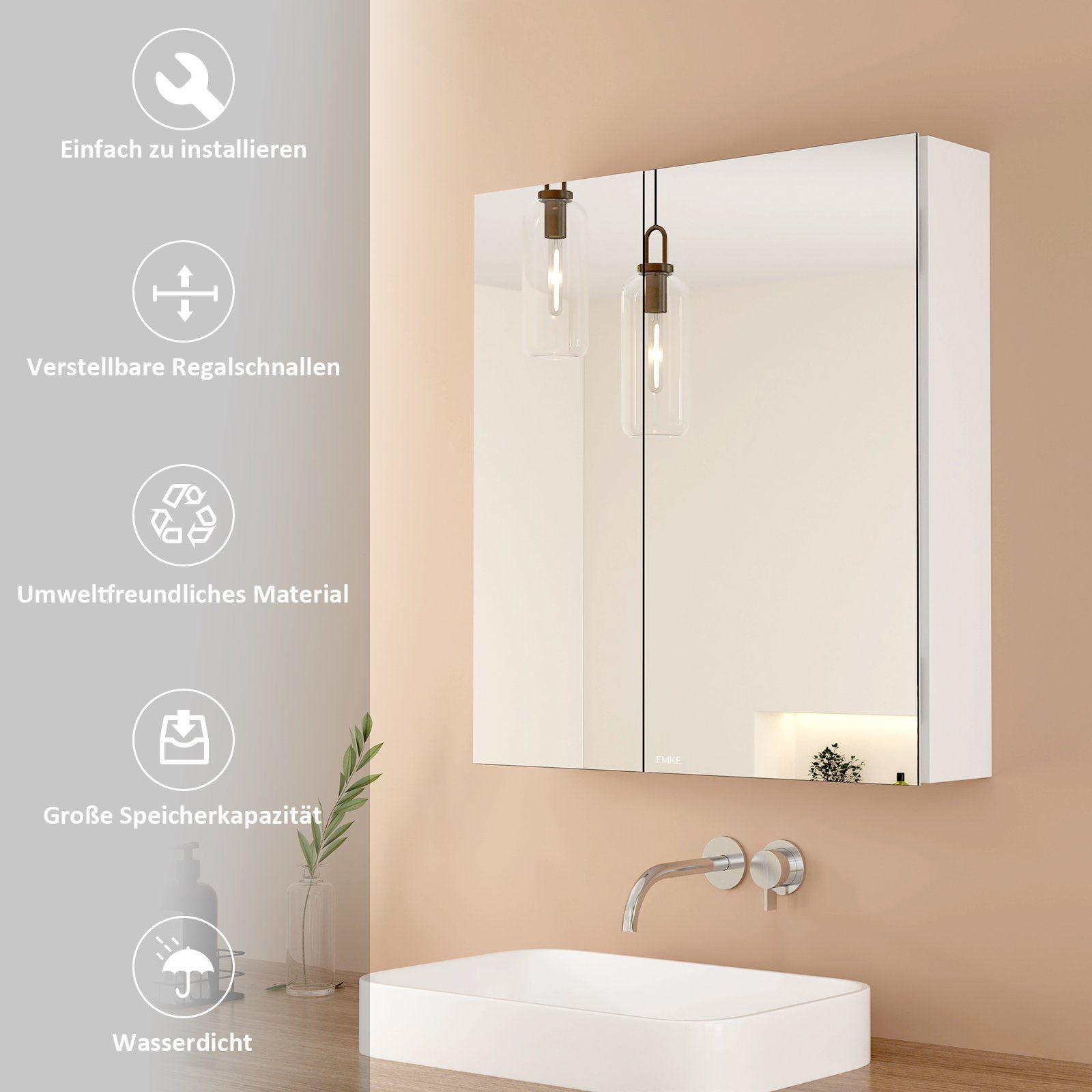 EMKE Spiegelschrank 60X65cm 2-türig Badezimmer Spiegelschrank günstig online kaufen