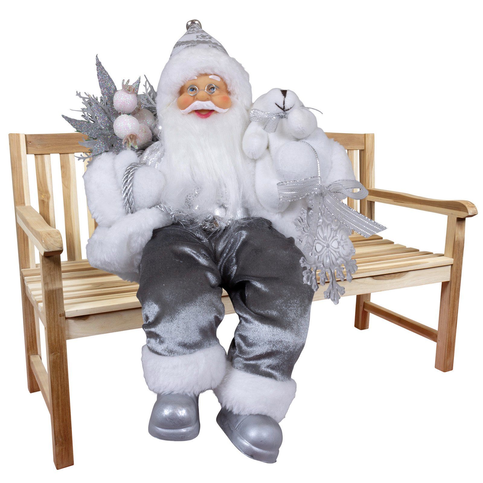 Christmas Paradise Weihnachtsmann Olaf 30cm sitzend (Dekofigur silber, 1 St., Weihnachtsdeko), Kantenhocker zum Hinsetzen