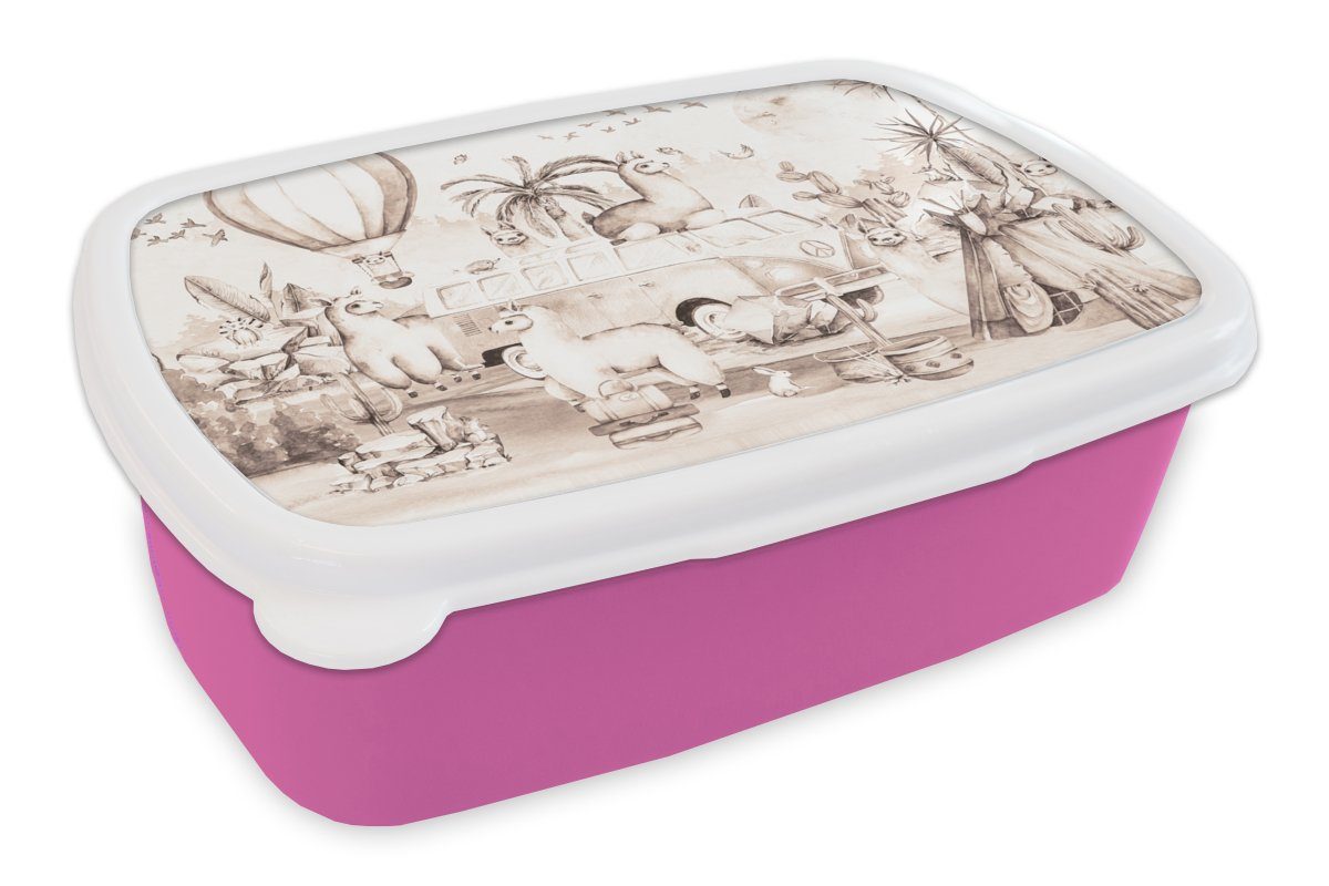 MuchoWow Lunchbox Kinder - Alpaka - Heißluftballon - Junge - Mädchen, Kunststoff, (2-tlg), Brotbox für Erwachsene, Brotdose Kinder, Snackbox, Mädchen, Kunststoff rosa