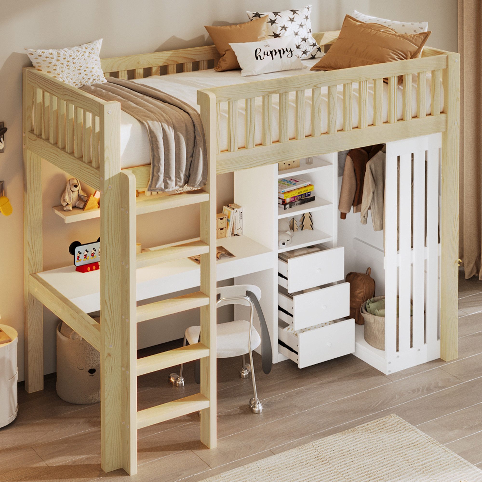 OKWISH Hochbett Kinderbett Holzbett (mit Schreibtisch, Kleiderschrank & 3 Schubladen – Praktisch, Sicher & Stauraumoptimiert, 90x200 cm) ohne Matratze