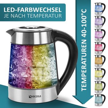 ecosa Wasserkocher EO-650, 1,7 l, 2200 W, Temperatureinstellung,LED-Beleuchtung,Edelstahl,BPA-frei,Farbwechsel