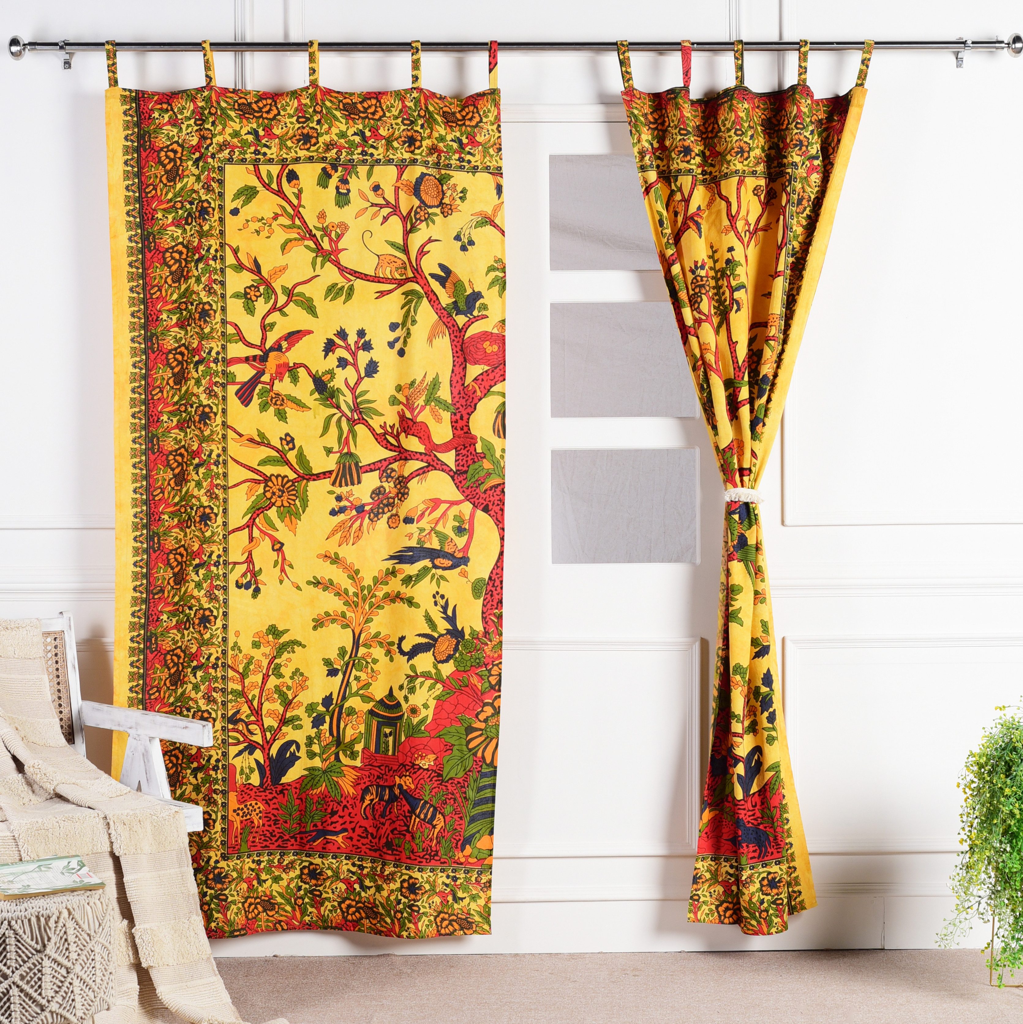 Karmandala Vorhang Lebensbaum Vögel Gardine blickdicht indischer Schlaufenschal 2er-Set, Schlaufen, Baum des Lebens Boho Gardinen aus Baumwolle Vorhang Set – Bild 2 von 5