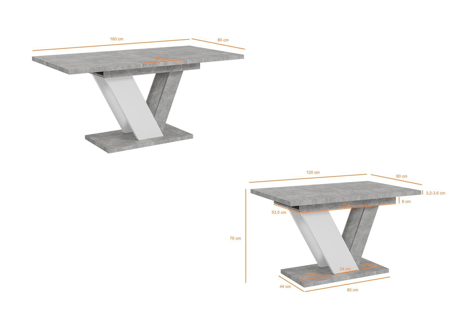Compleo Esstisch DUBAI, 120-160x80x76 cm (Ausziehbar - 1x Einlegeplatte), Rechteck