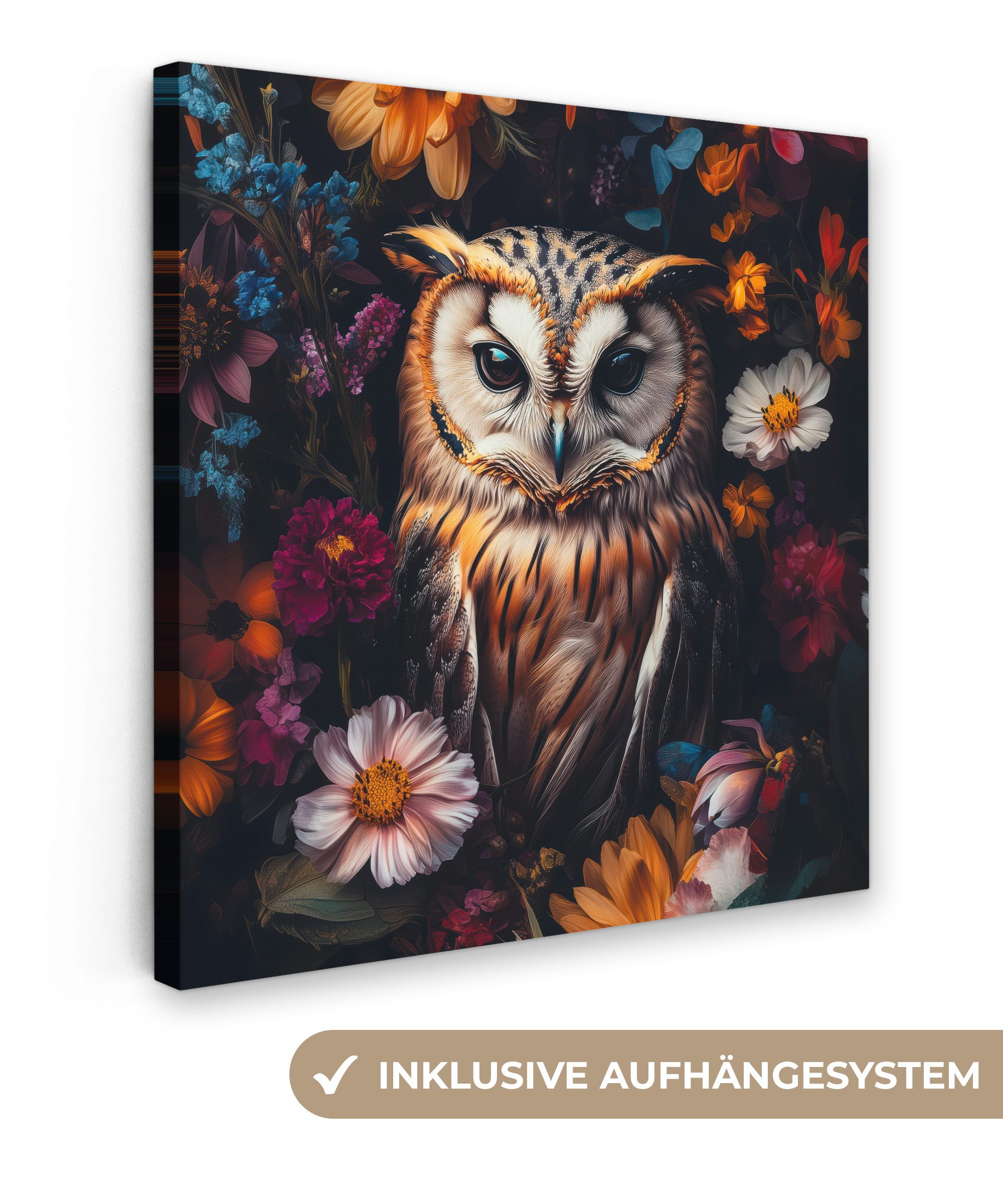 OneMillionCanvasses® Leinwandbild Eule - Blumen - Farbenfroh - Natur, Fotod günstig online kaufen