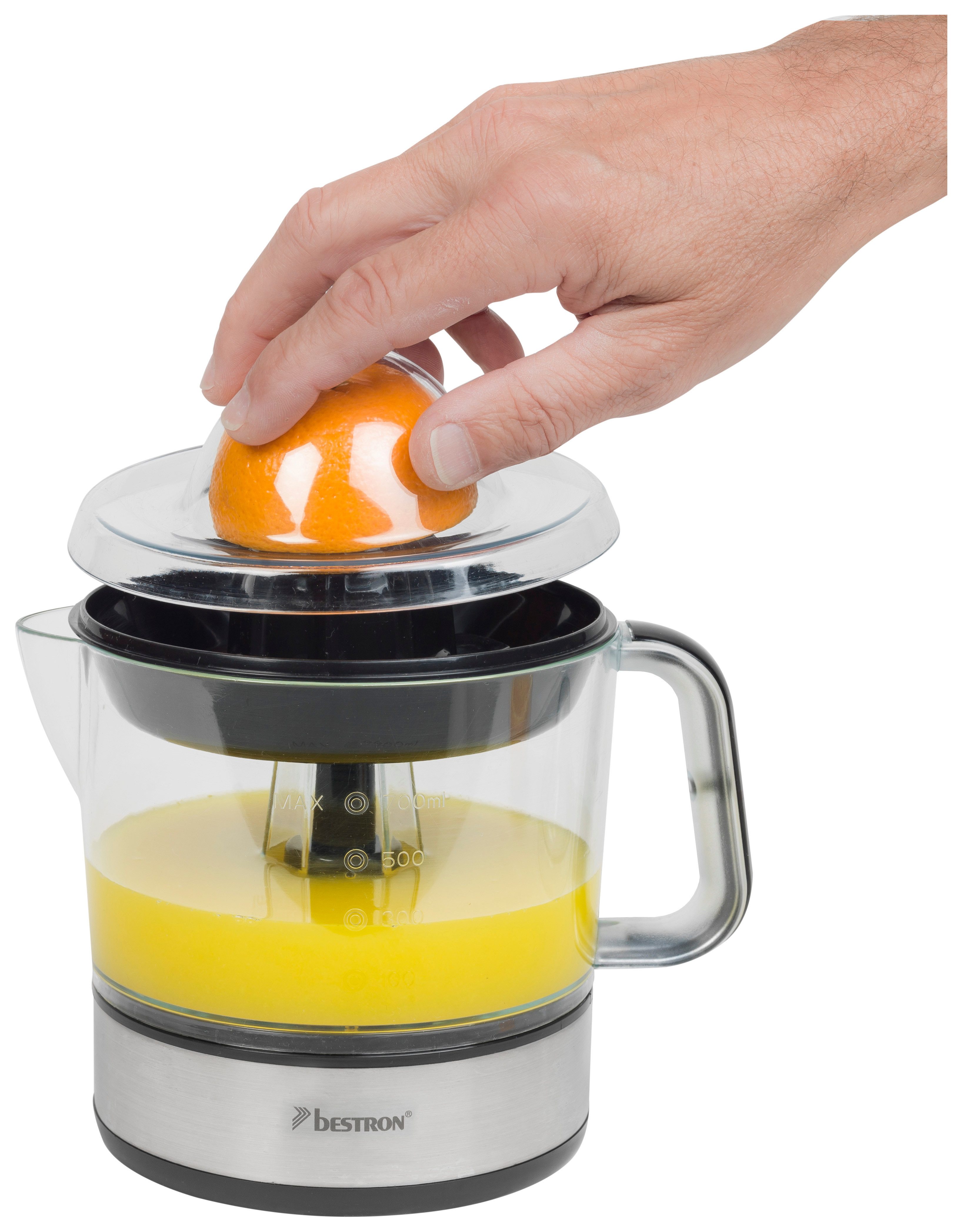 bestron Zitruspresse ACJ350, 40 W, 700 ml mit 2 Presskegeln & Frischhaltedeckel