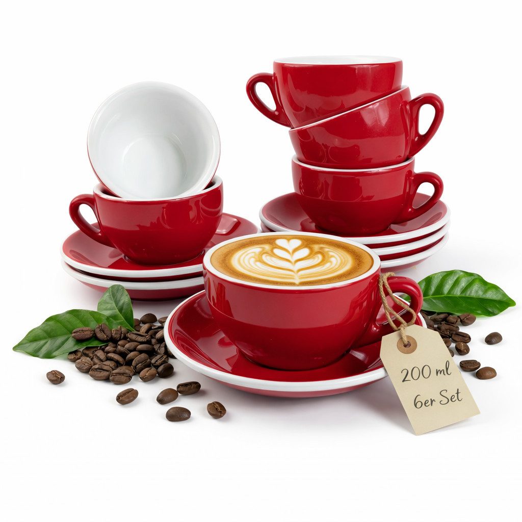 MUVELL Cappuccinotasse 6er Cappuccino-Set "ROM" inkl. Tasse 200ml + Untertasse, rot, 6-tlg., Keramik, 200 ml rot mit weißen Rand und Innenfläche