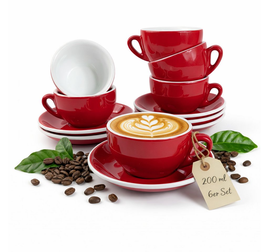 MUVELL Cappuccinotasse 6er Cappuccino-Set "ROM" inkl. Tasse 200ml + Untertasse, rot, 6-tlg., Keramik, 200 ml rot mit weißen Rand und Innenfläche
