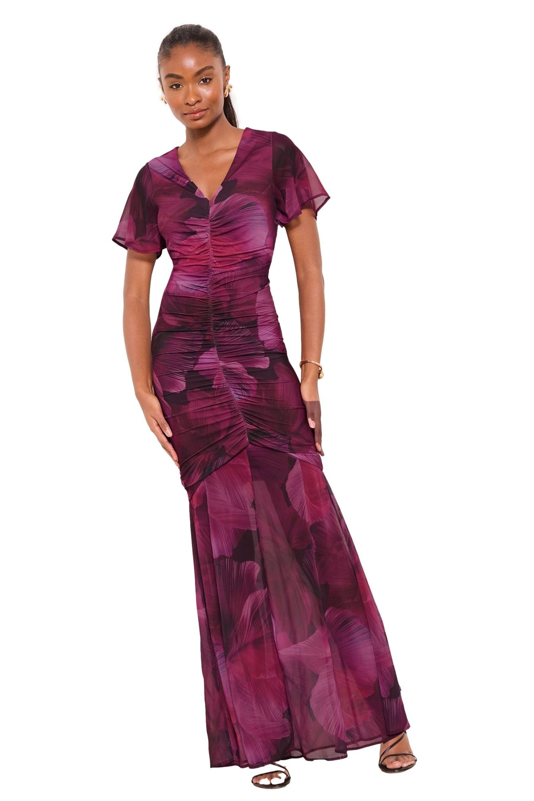 LIPSY Maxikleid Lipsy gerafftes Mesh-Maxikleid mit Blumen-Print (1-tlg)