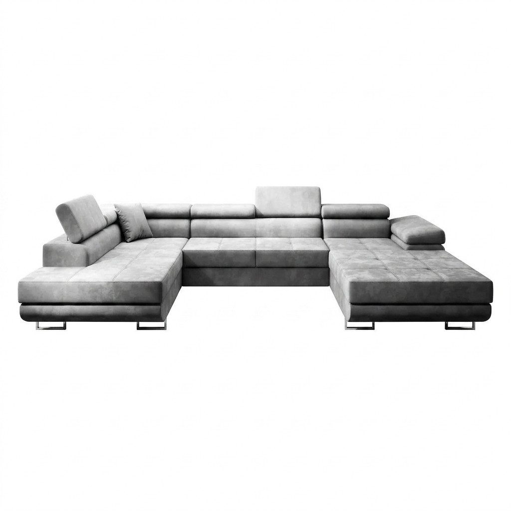 Muffo Ecksofa WILD U, Verstellbare Kopfstützen, elegante Metallbeine, 2 Bettzeugkasten, gelegentliche Schlaffunktion