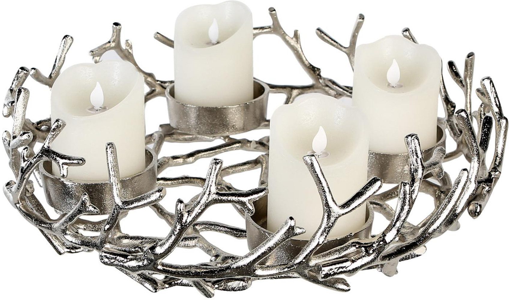 GILDE Kerzenhalter Adventsleuchter rund Twigs silberfarben (1 St), Adventsleuchter Kerzenhalter Äste Zweige Advent festlich Kranz